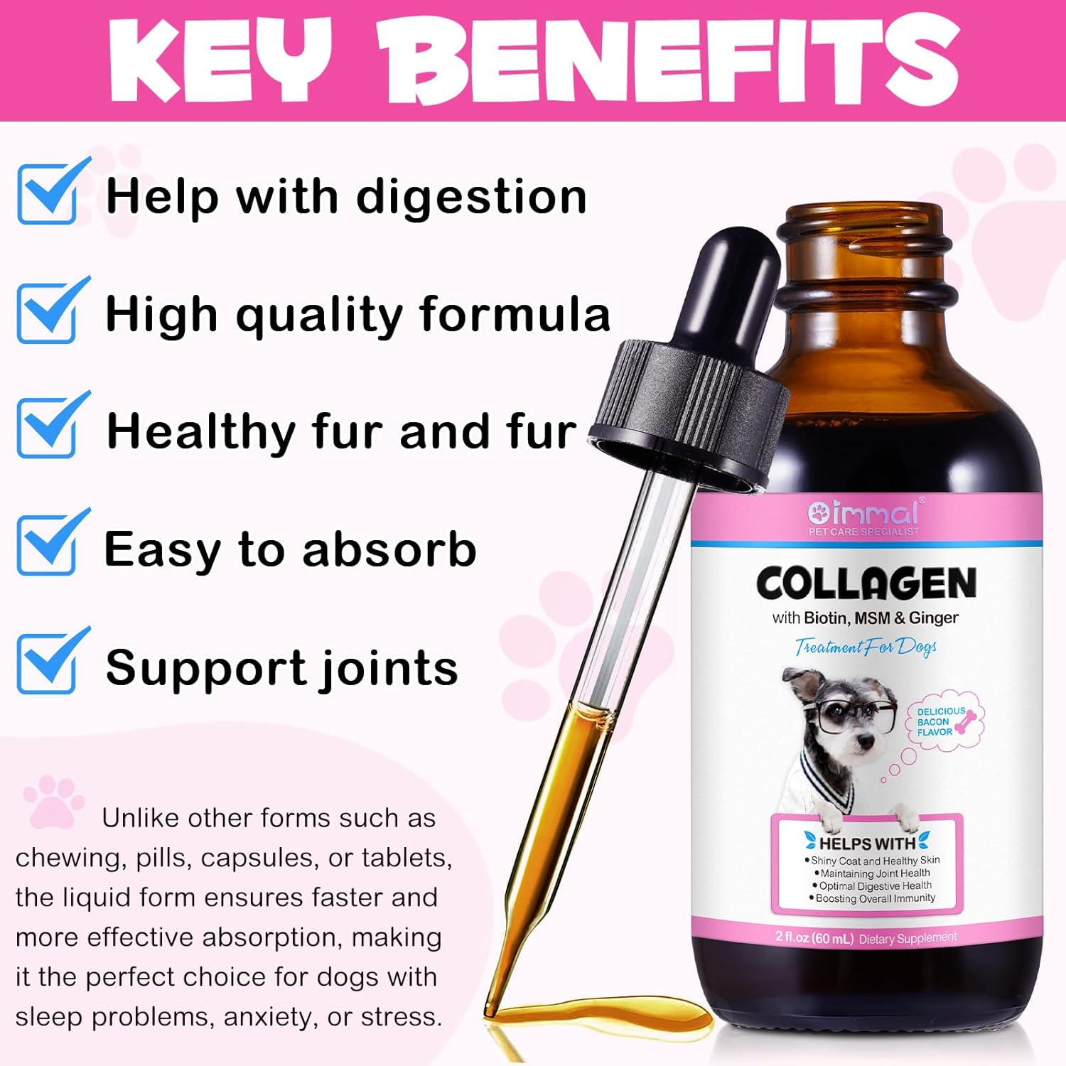 Collagen for Dogs, Liquid Collagen for Dog, Skin & Coat Supplement for Dogs, Bacon Flavor, with Biotin, MSM & Ginger, 2 Fl.Oz