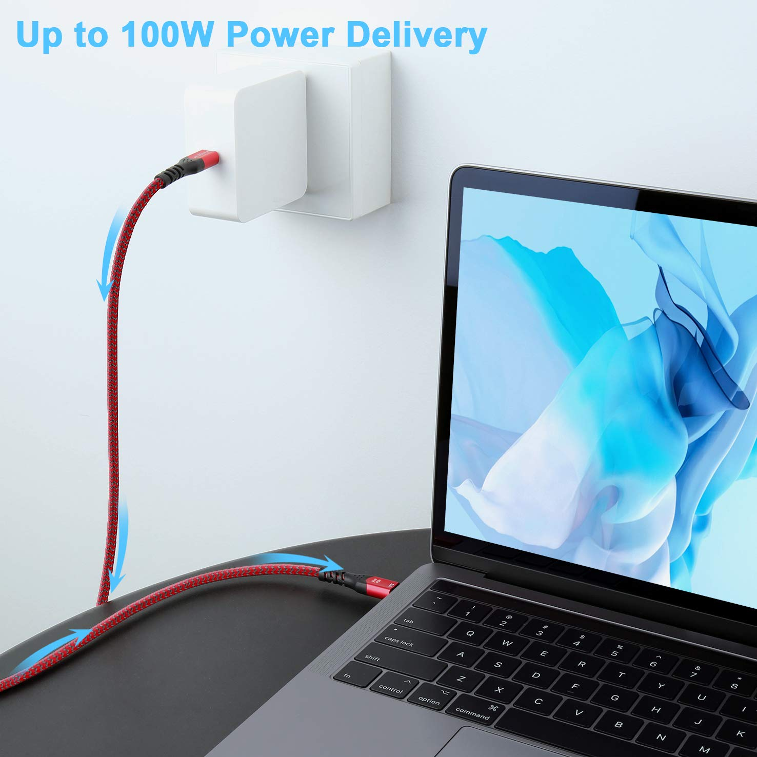 Fasgear USB C to USB C Cable 3Ft 20V/5A PD Fast Charging and Data Sync Nylon Braided Type-C to Type C Cable Compatible with I-Pad Pro 2022 Mac-Book Pro, I-Phone 15 Galaxy S24 Note 20 Switch (1M,Red) - Black image number 3