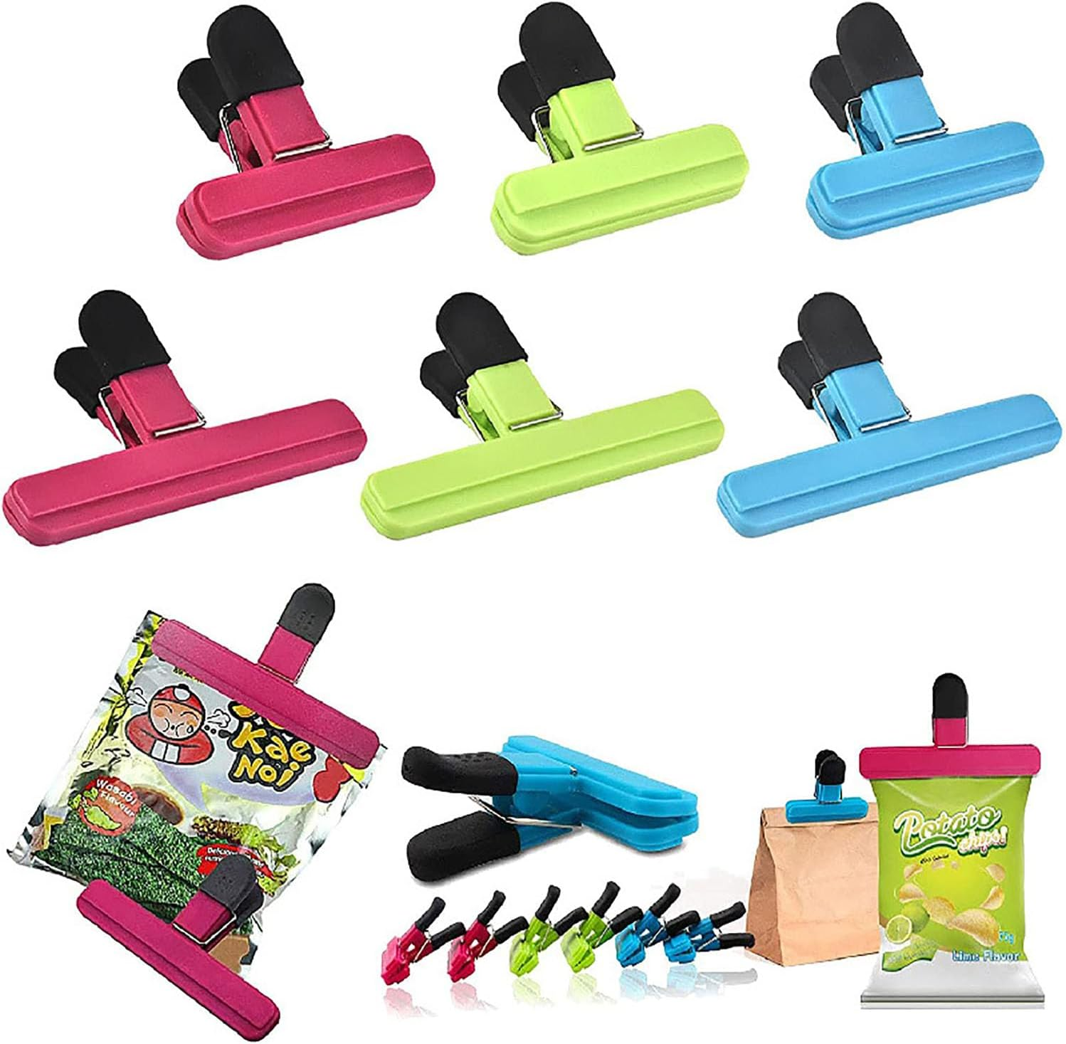 Chip Bag Clips 9PCS, Assorted Sizes Food Bag Clips, Reusable Plastic Heavy Duty Chip Clips(3 Colors)
