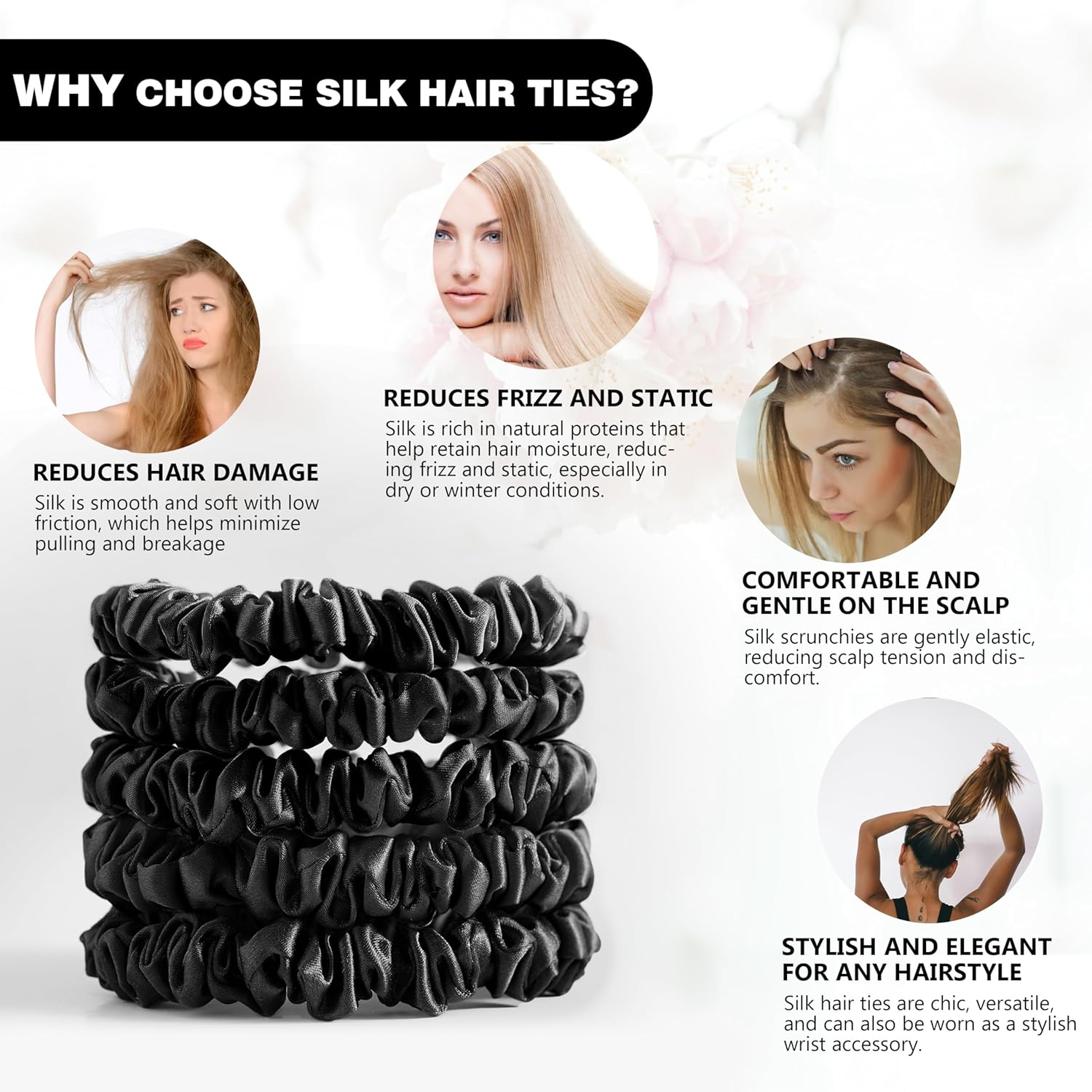 Townssilk Silk Skinnie Scrunchies 100% Pure 22 Momme Mulberry Silk Hair Ties for Women Hair Friendly Luxurious Elastic Scrunchies Set(5 Scrunchies Black) - 5Pc-5 image number 7