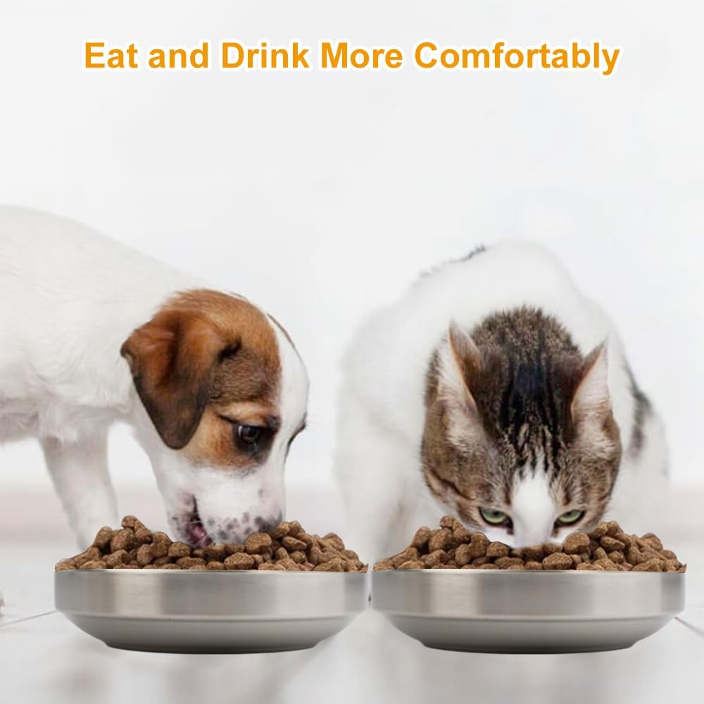 Pack of 2 Flat Stainless Steel Cat Bowls, Stainless Steel Cat Bowls, Stainless Steel Cat Bowls, Metal 304, Flat Cat Bowls, Drop-Proof, Easy to Clean, for Kittens, Small Dogs