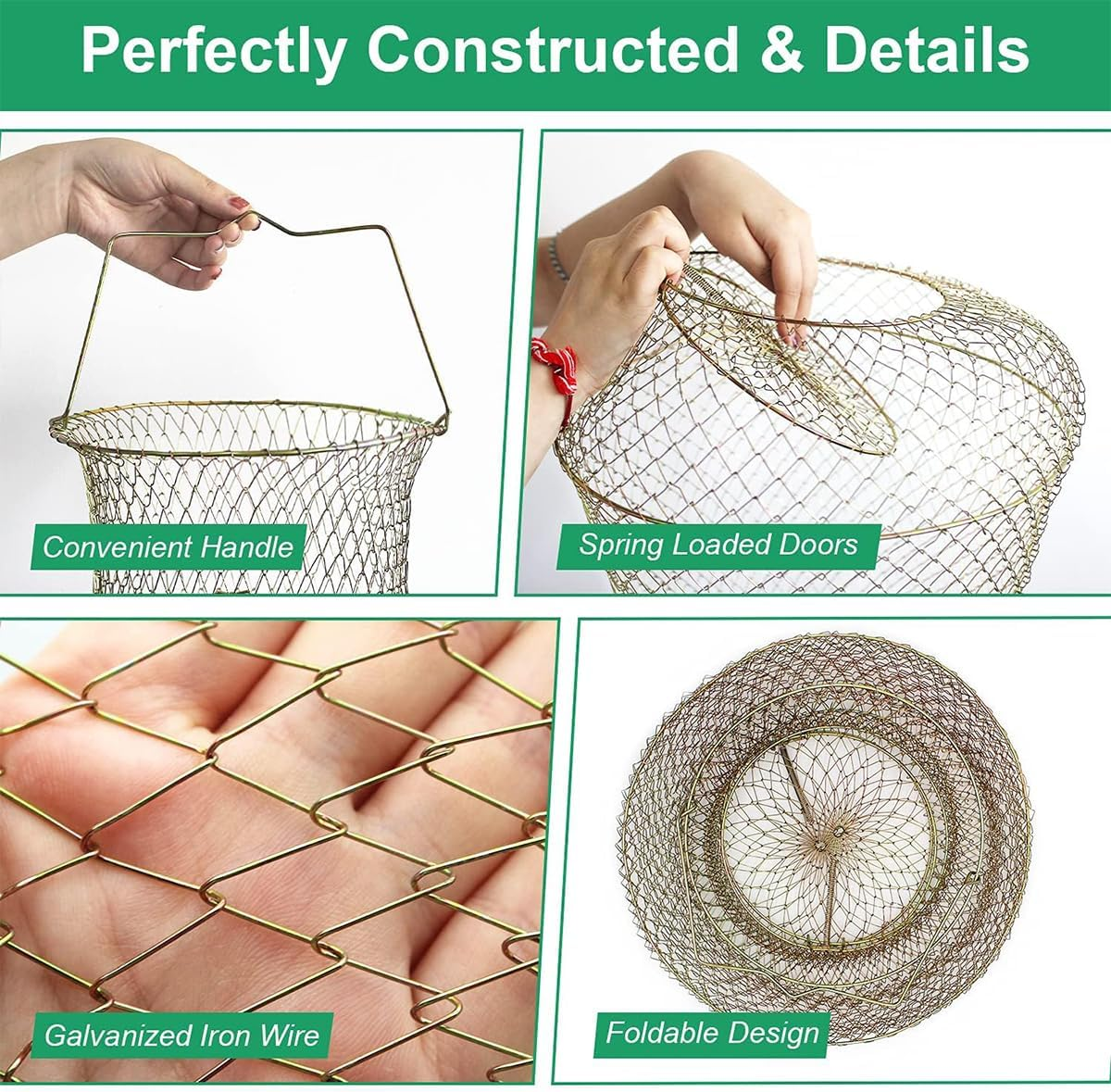 AIMALL Galvanized Fish Cage with Spring Door for Fishing, Portable Metal Wire Folding Trap Basket for Fish and Crab Catching, Durable and Lightweight image number 5