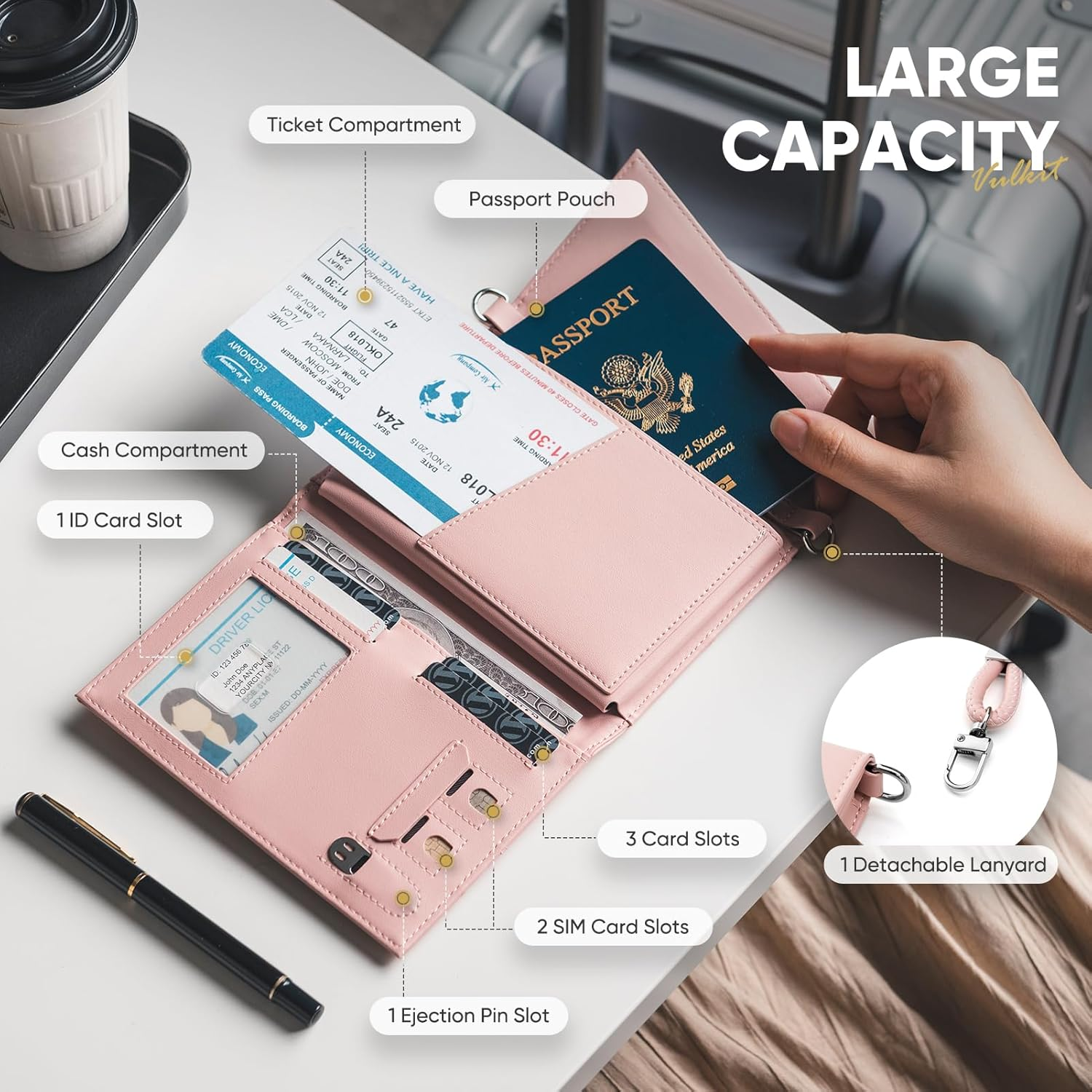 VULKIT Passport Holder Wallet for Travel, RFID Blocking Leather Passport Card Cover Case Travel Essentials with Lanyard for Men and Women Pink