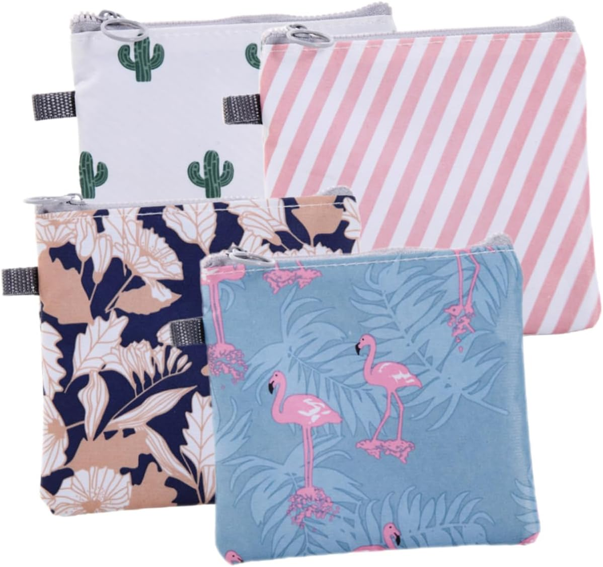 CTIRCHIU 4Pcs Zipper Period Bags Portable Sanitary Napkin Storage Pouches with Cute Cactus Flamingo Stripe Floral Designs Tampon Holder for Purse Travel Essentials image number 1