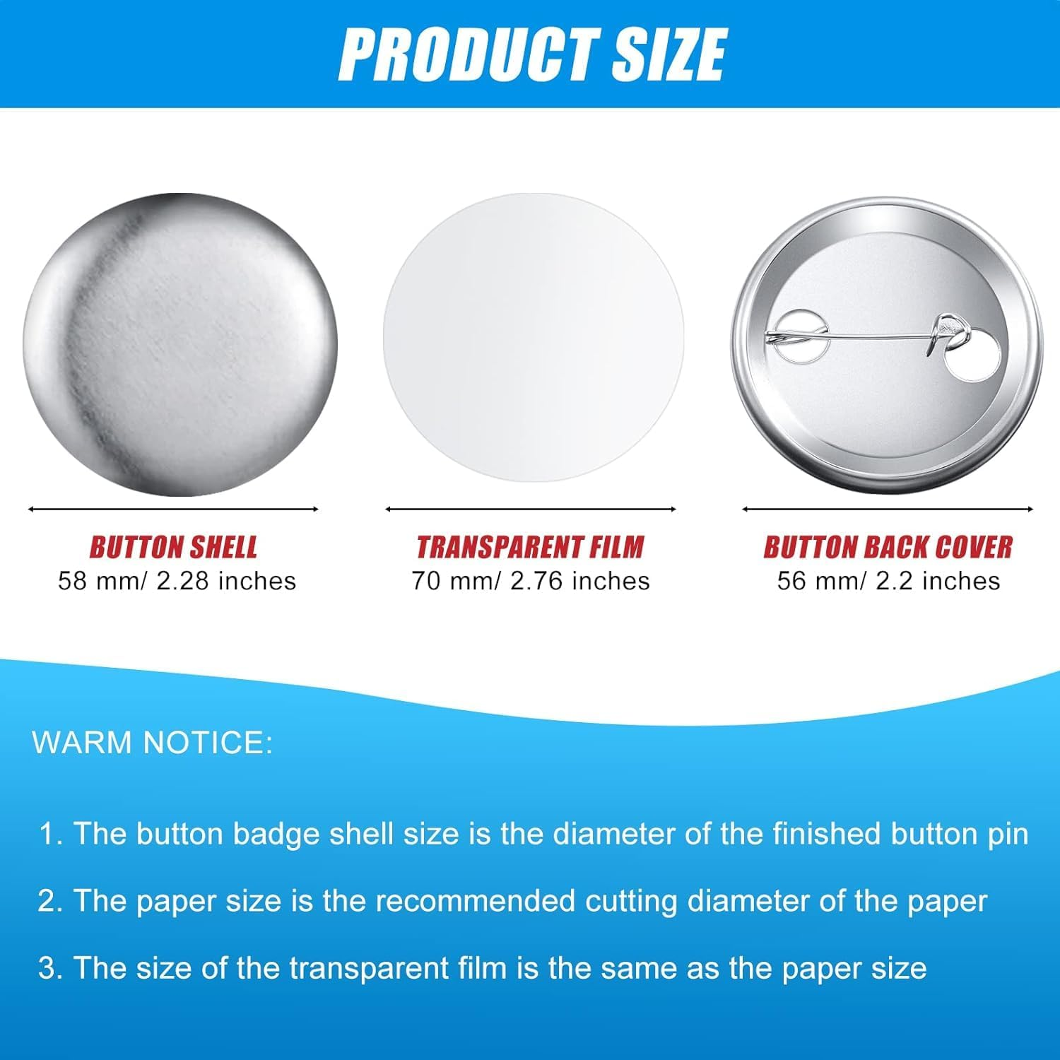 100 Pieces Blank Button Making Supplies round Badge Button Parts Metal Button Pin Badge Kit for Button Maker Machine, Including Metal Shells Back Cover and Clear Film (Tinplate,2.28 Inch) image number 2