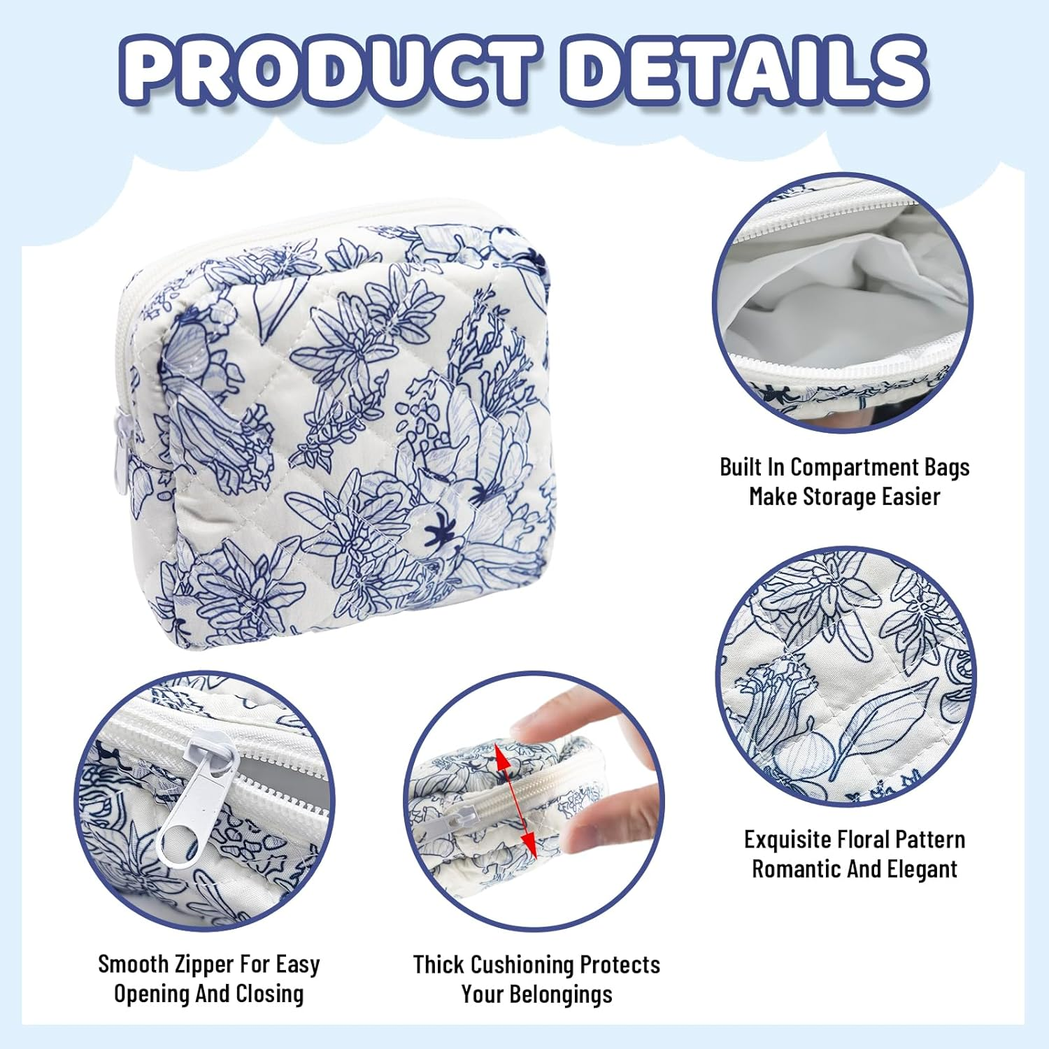 Long Keeper Small Makeup Bag for Handbag Cosmetic Bag with Compartments Small Toiletry Bag Mini Travel Toiletry Pouch, Navy Flower, S, Small Make up Bag image number 1