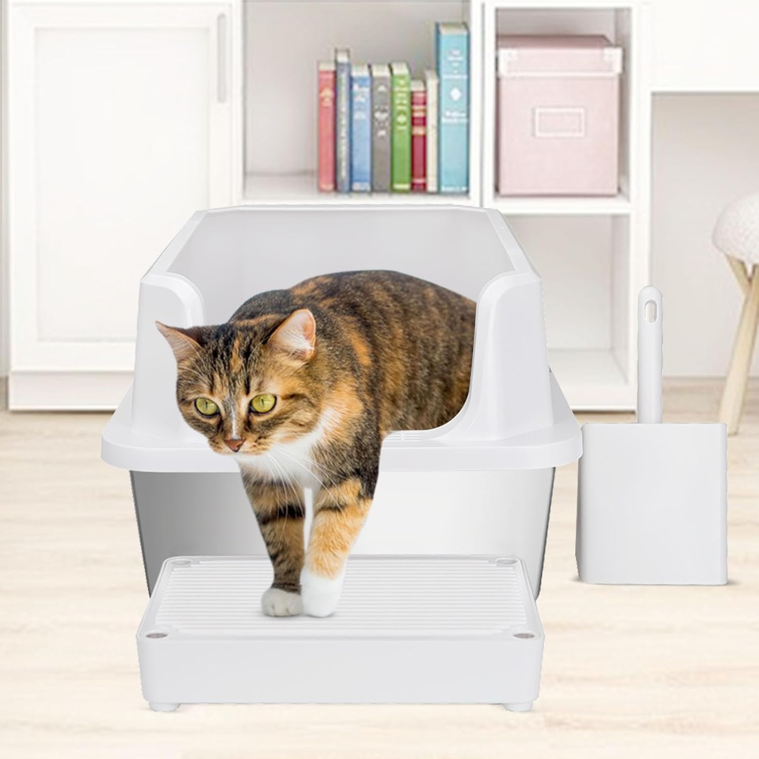 RIZZARI Stainless Steel Cat Litter Box, Semi-Enclosed Litter Box with Raised Edges, Anti-Leakage & Odorless, Large Litter Box for Small to Large Sized Cats (White) - White image number 4