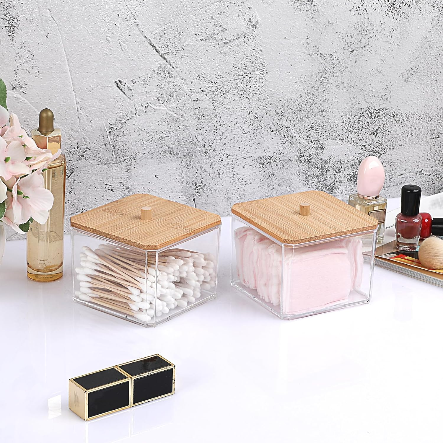 BTSKY 2 Pack Clear Stackable Paper Clip Holder with Bamboo Lid Paperclip Box Thick Acrylic Office Supply Accessory Organizer Square Small Storage Holder Cute Qtip Holder for Office Bathroom Vanity image number 3