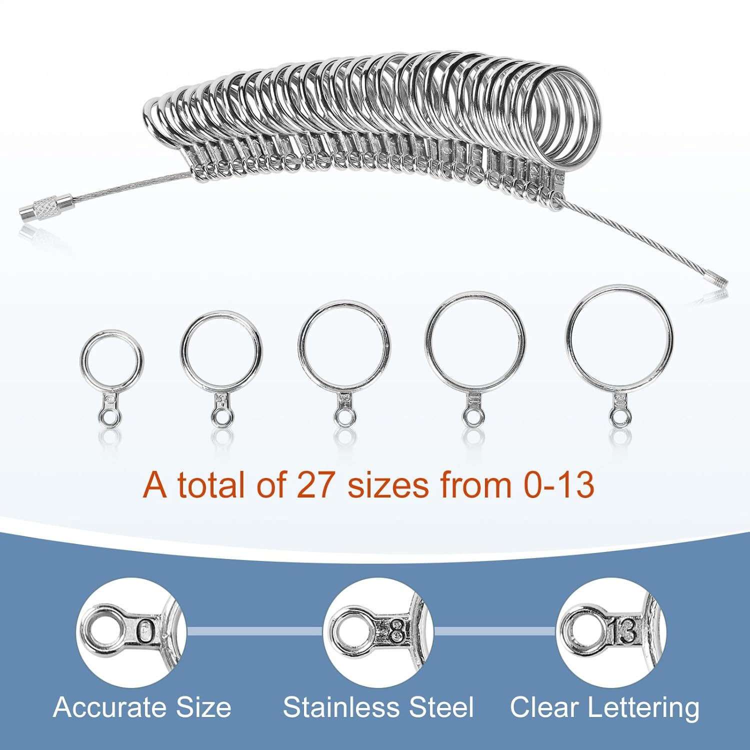 Ring Sizer Measuring Tool Kit Upgraded, 27 PCS Stainless Steel Measuring Ring Tool, US Ring Size 0-13 with Half Size, 2 PCS Reusable Finger Size 1-17 USA Rings Size with Magnified Glass