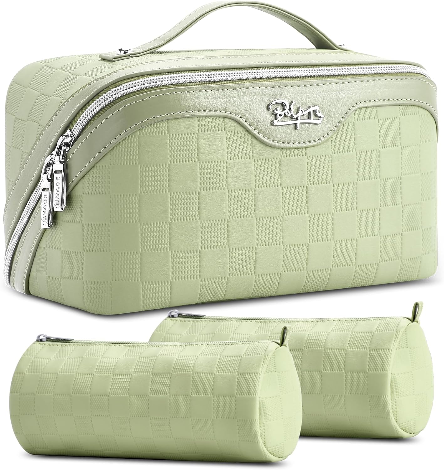 BOYATU Travel Makeup Bag Cosmetic Bags for Women: Large Capacity 3 Pcs Set Make up Bag with Compartments - Waterproof Vegan Leather Toiletry Organizer Bags with Handle (L02 Light Pink)