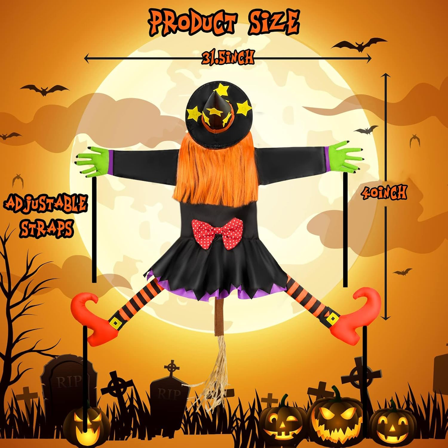 40Inch Crashing Witch Halloween Outdoor Decorations, Funny Witch Flying into Tree, Flying Witches with Adjustable Band, Hanging Props Ornaments for Yard, Porch, Patio Halloween Outdoor Decor image number 4