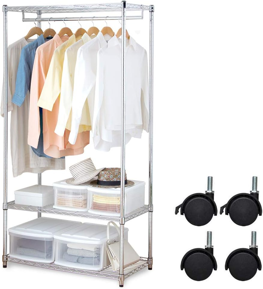 Iris Ohyama SEW-913E Metal Rack, Wardrobe, 3 Tiers, with Casters, Pole Diameter 1.0 Inches (25 Mm), Width 35.8 X Depth 18.1 X Height 70.1 Inches (91 X 46 X 178.5 Cm), Metal Shelf, Chrome Plated image number 3