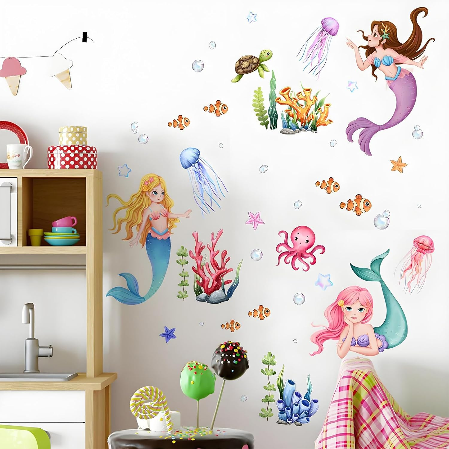 Mermaid Wall Sticker - Undersea World Princess Fish Ocean Theme for Girls Bedroom Baby Nursery Decor image number 1