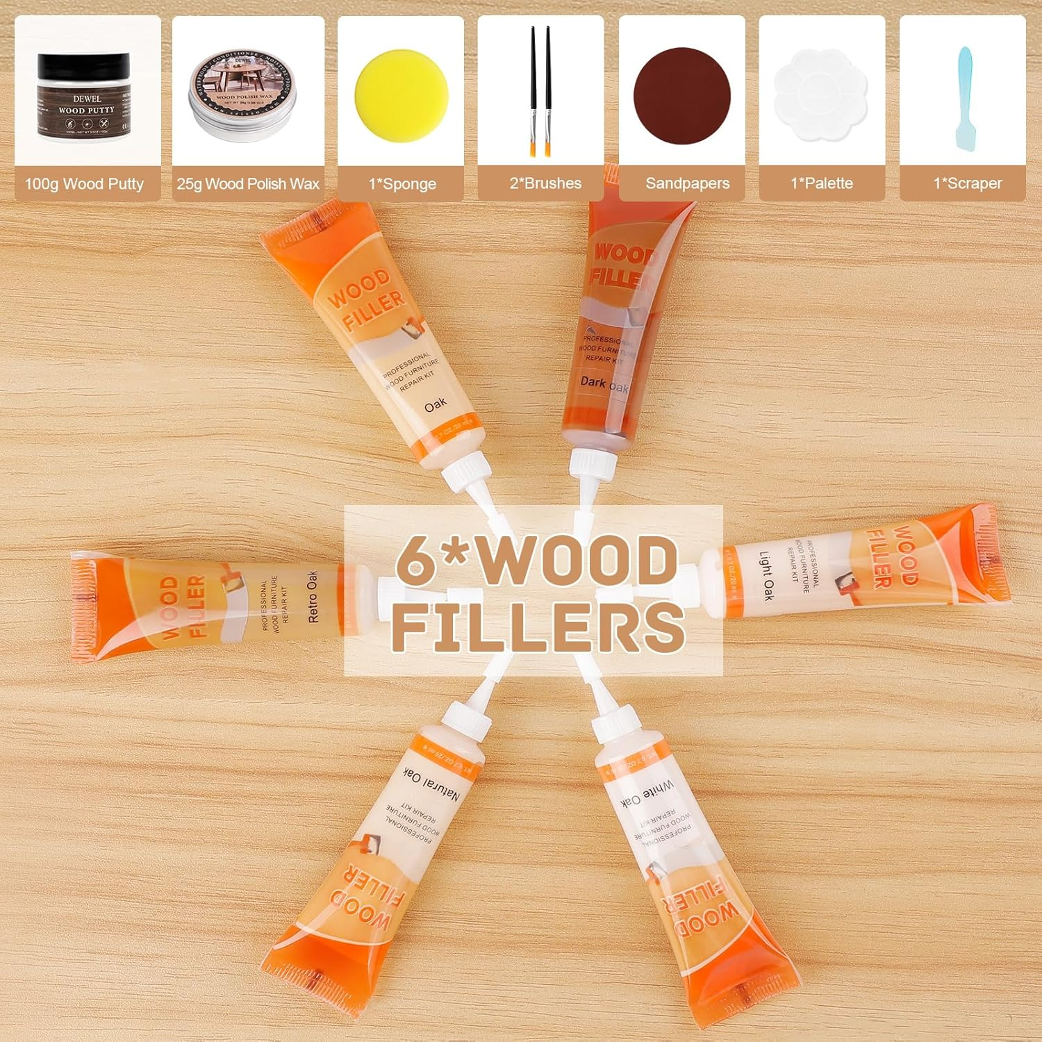 Furniture Repair Kit Wood Filler, Upgrade 6 Colors Oak Series Wood Floor Repair Kit, Filler Furniture Paint, Wood Putty & Wood Polish Repair Wood Floor, Crack, Holes, Laminate, Cabinet, Table, Oak image number 4
