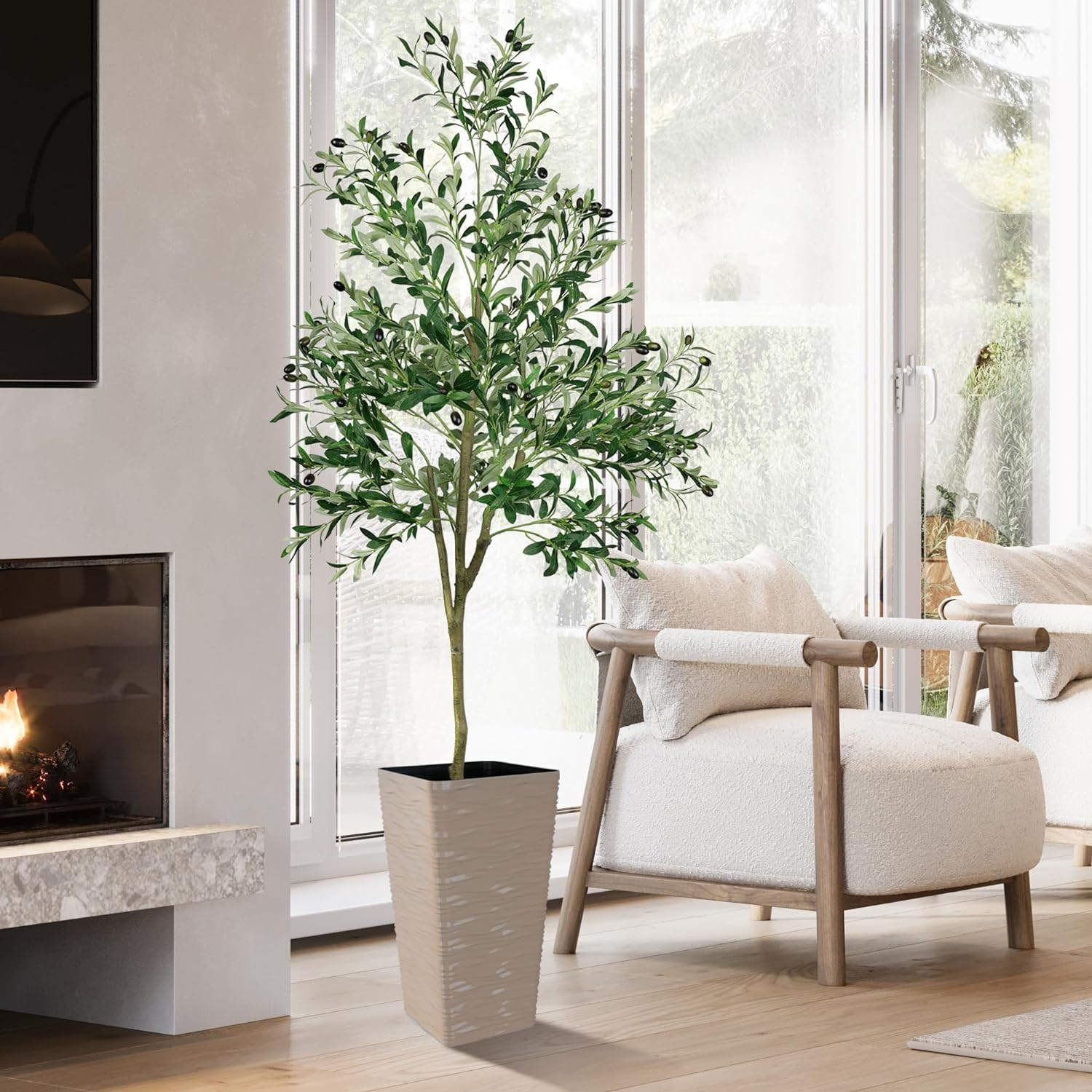 6FT Artificial Olive Tree, Faux Fake Plant for Office Home Living Room Indoor Outdoor Decor, Realistic Olive Silk Tree with Lifelike Leaves and Olive Fruits, 180Cm Modern Floor Decoration image number 2