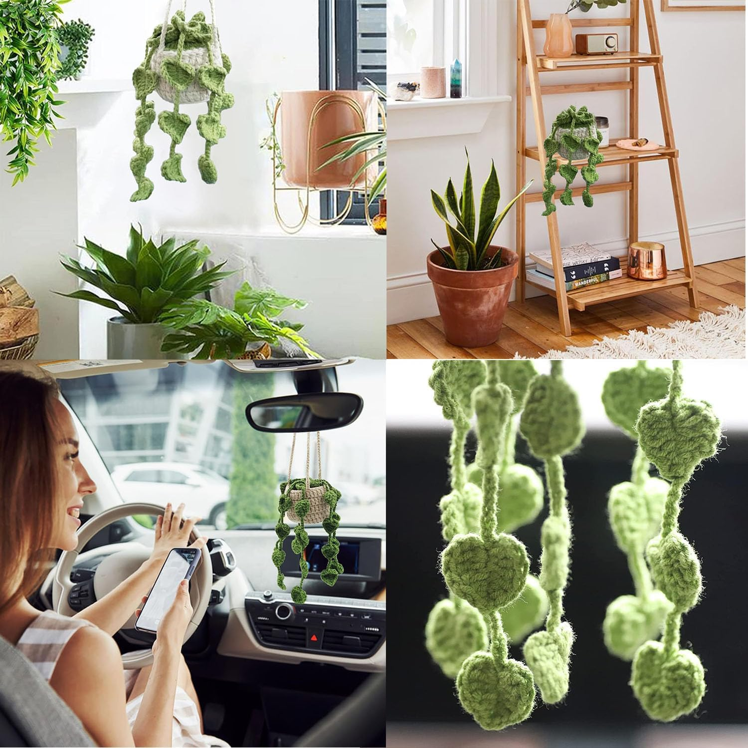 Crochet Hanging Plant for Car, 2 Pcs Car Decoration Hand Knitted Car Pendant for Women Cute Car Plant Accessories Knitted Plant Car Mirror Hanger Boho Car Plant Crochet Hanging Basket