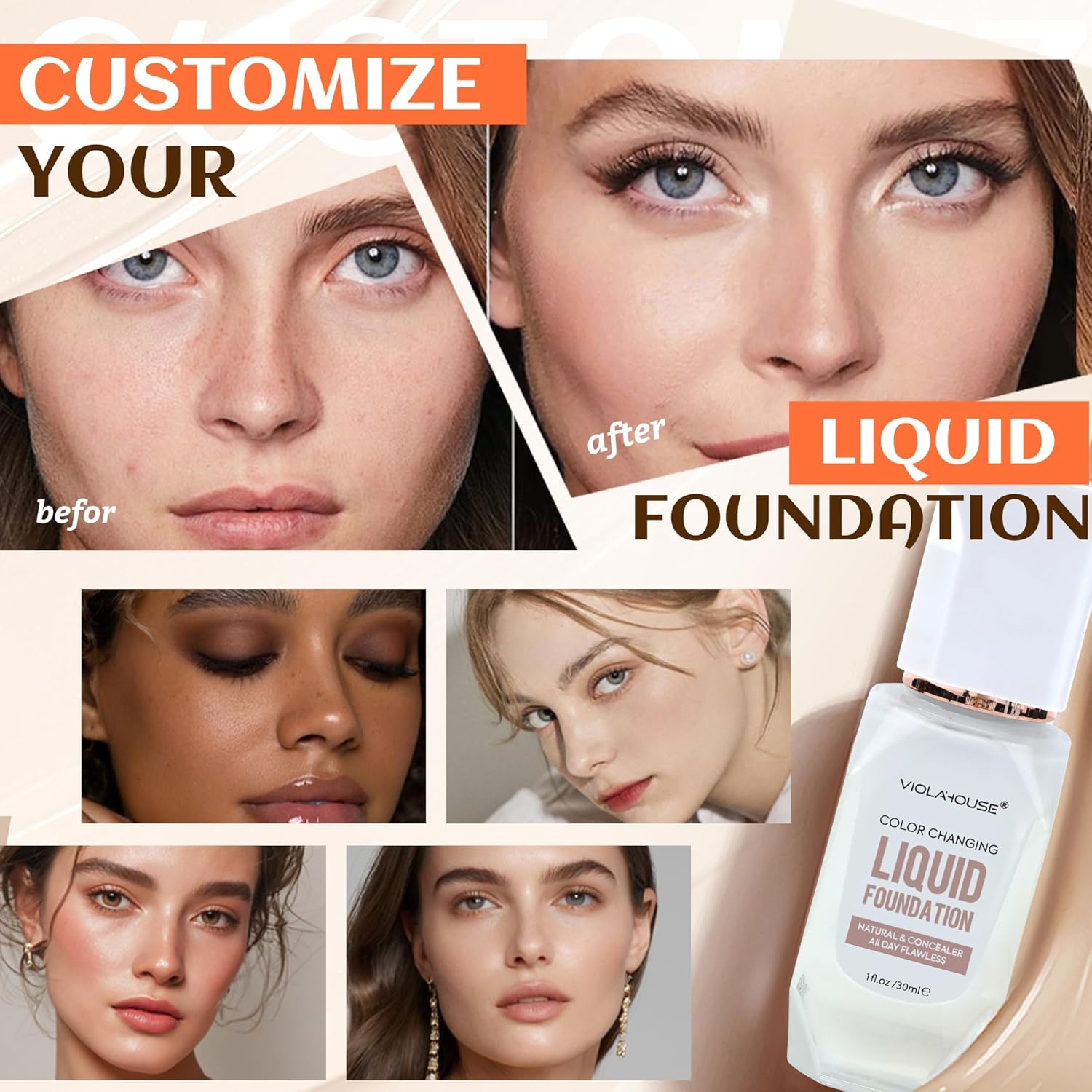 VIOLA HOUSE Color Changing Foundation, 4 in 1 Foundation, Color Changing Flawless Finish, Lightweight, Moisturizing Glow, 1.0 Fl Oz (Medium Skin Color) - Light Skin Color image number 4