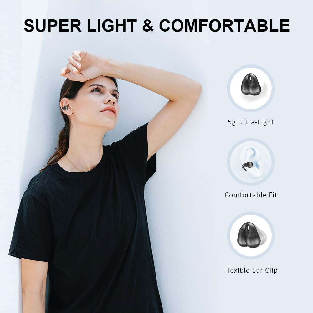 Slub Bone Sound Headphones, Open Ear Headphones Bluetooth, Ear Clip Sports Headphones, Bluetooth 5.3, Hifi Stereo Sound, Built-In Microphone, Suitable for Running, Fitness, Outdoor (Black)