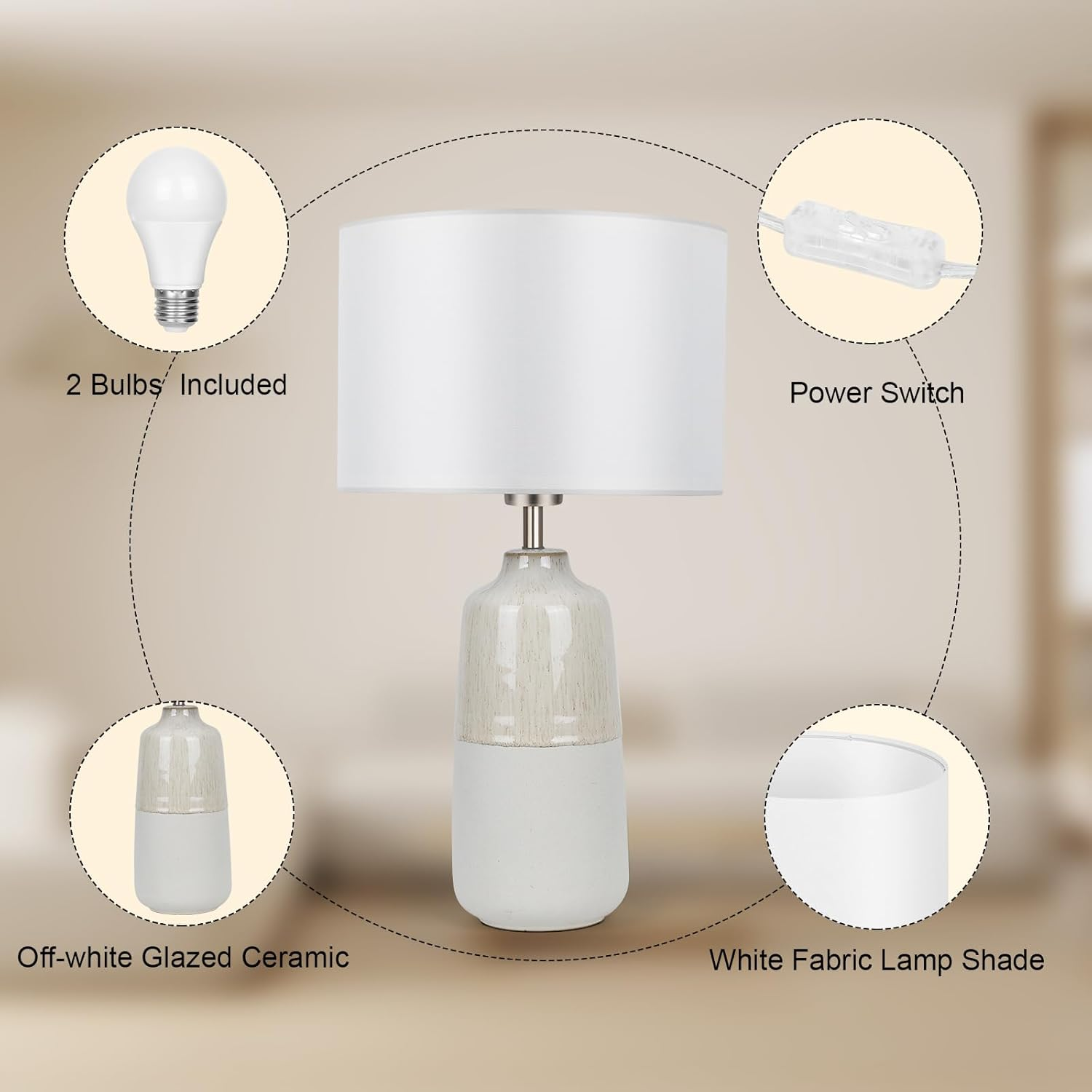 Tisuokae Bedside Lamps Set of 2, Ceramic Tall Bedside Table Lamps with Fabric Shade, Table Lamp with 3 Color Temperatures, Bedroom Table Lamp for Living Room & Office, LED Bulbs Included image number 1