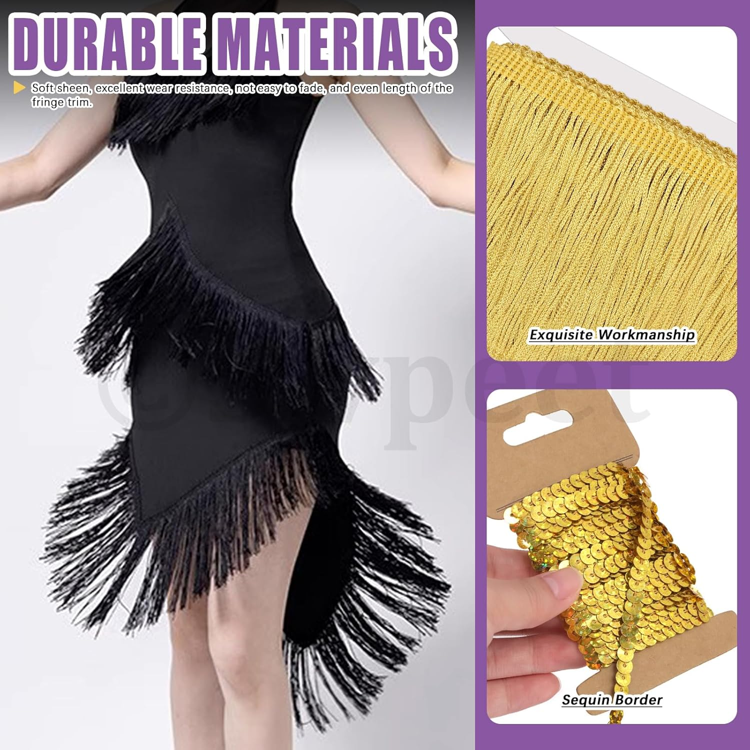 Swpeet 5 Yard &times; 4 Inch Golden Polyester Fringe with Sequin Trim, Fabric Fringe, Chainette Trim, Tassel, Sewing Fringe Trim for Latin Dress, Wedding, Party Decorations