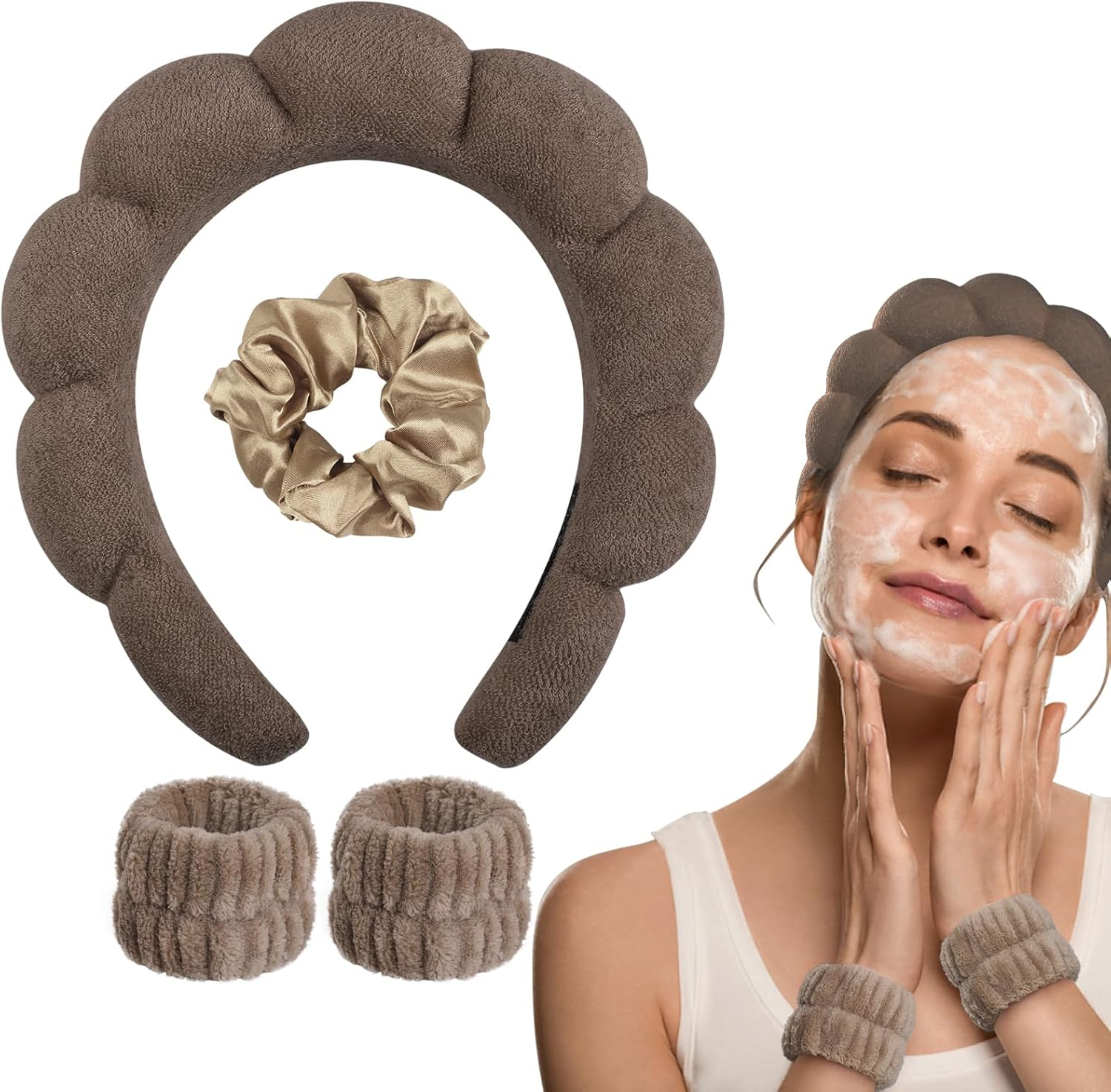 WD&CD Spa Makeup Headband Set, Headband Skincare Headband for Woman, Face Wash Wristband and Scrunchies for Hair, Coffee - Brown image number 7