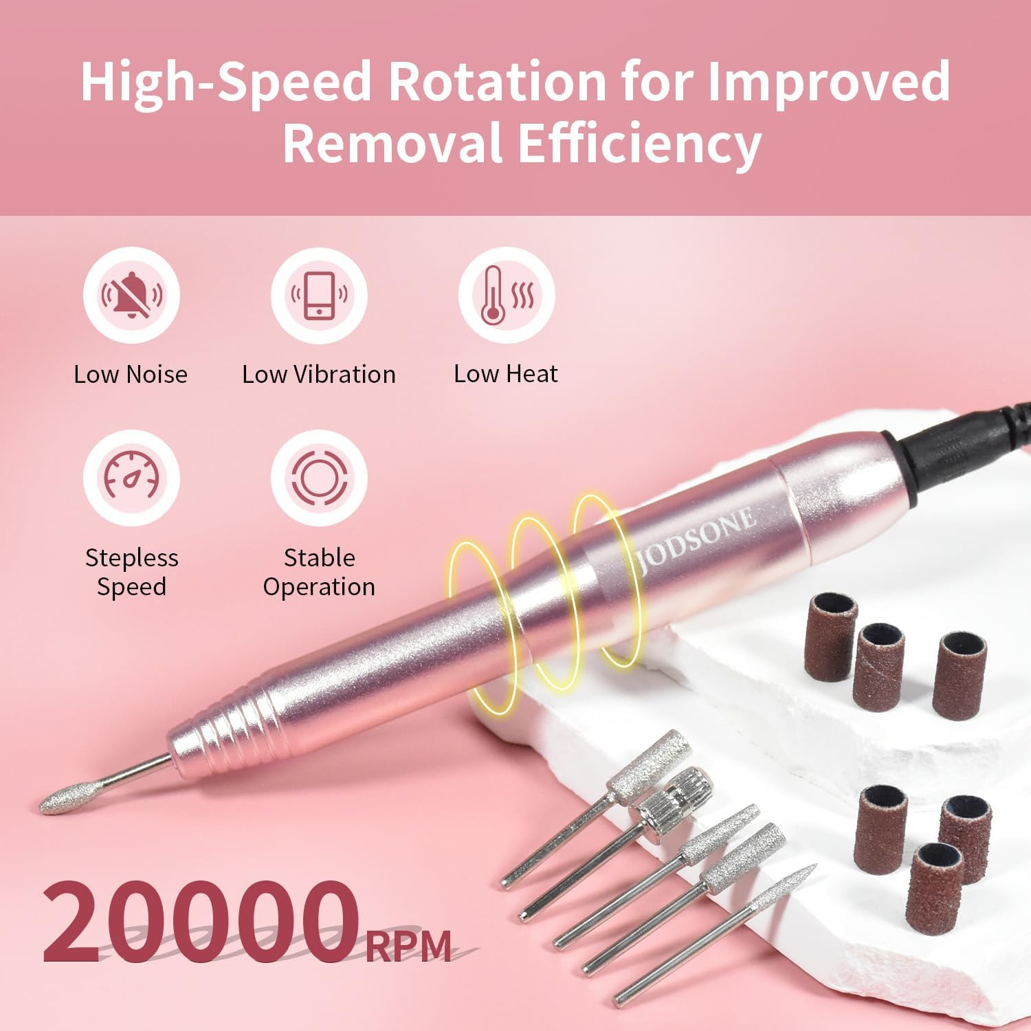 JODSONE Professional Electric Nail Drill 20000RPM Low Noise Work Efficiently with 6 Replacement Drills for Salon and Home Use image number 5