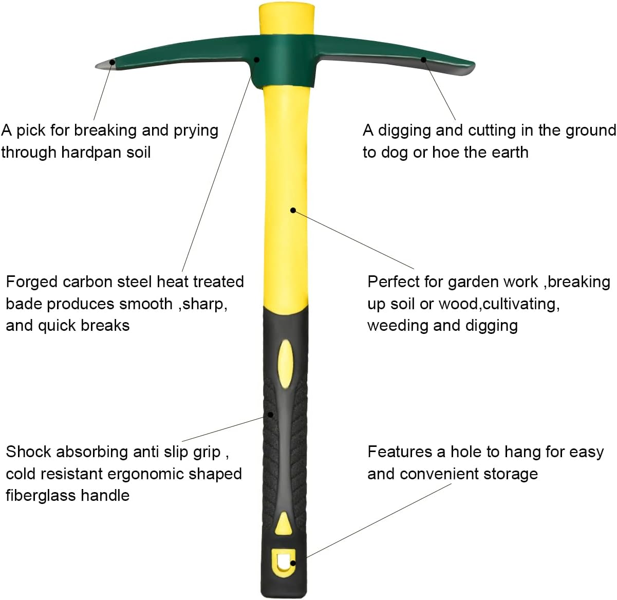 ZUZUAN Forged Adze Pick, Weeding Mattock Hoe, Pick Axe 15-Inch, One Piece Intact Drop Forged, Plastic Coated Fiberglass Handle, 1.4LB image number 4