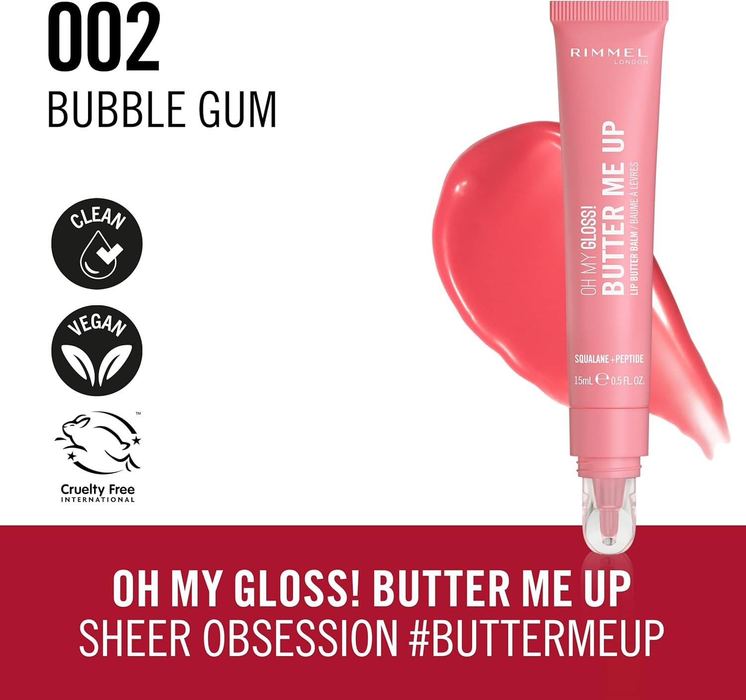 Rimmel London Oh My Gloss Butter Me up Lip Butter Balm 003 Bubble Gum, Hydrating Lip Balm, Tinted Lip Balm, Lip Care, Hydration, Nourishing, Squalene, 15Ml (0.53Oz) image number 5