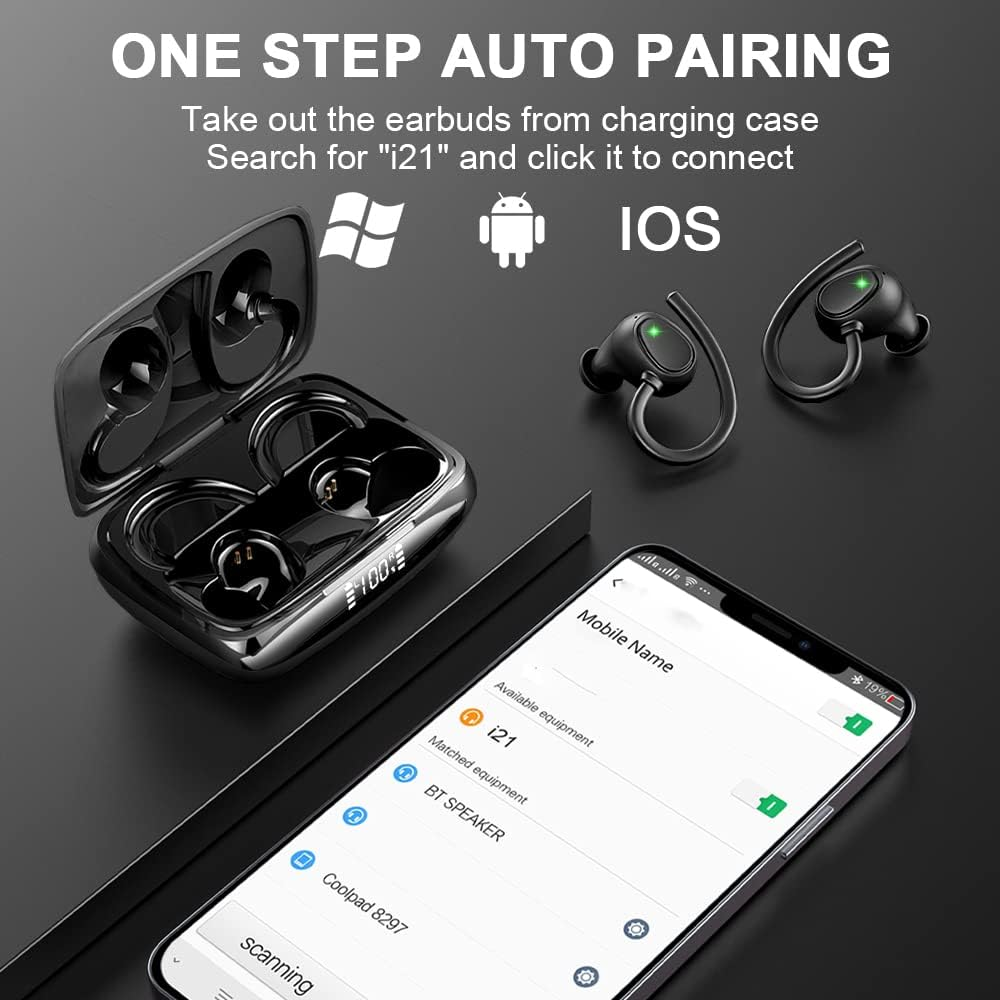 Drsaec Wireless Earbuds, Headphones Running Bluetooth 5.3 in Ear with HD Mic, Earphones Sport IP7 Waterproof 48H Noise Cancelling Buds Deep Bass/Usb-C/Led[ Upgrade] Black I21