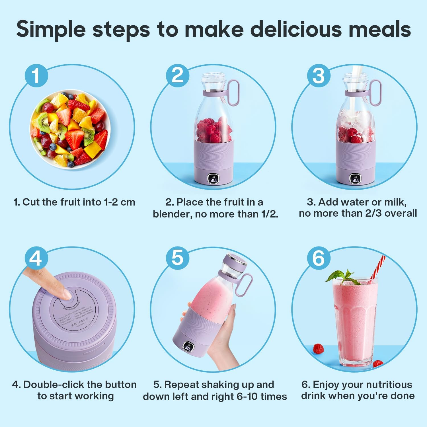 Portable Blender, MIAOKE 6 Blades Juicer Cup for Juice Shakes and Smoothies 350Ml Mini Blender with Led Display Usb Rechargeable,3000Mah Rechargeable Battery, for Home Sports Outdoors Travel-Prple image number 1