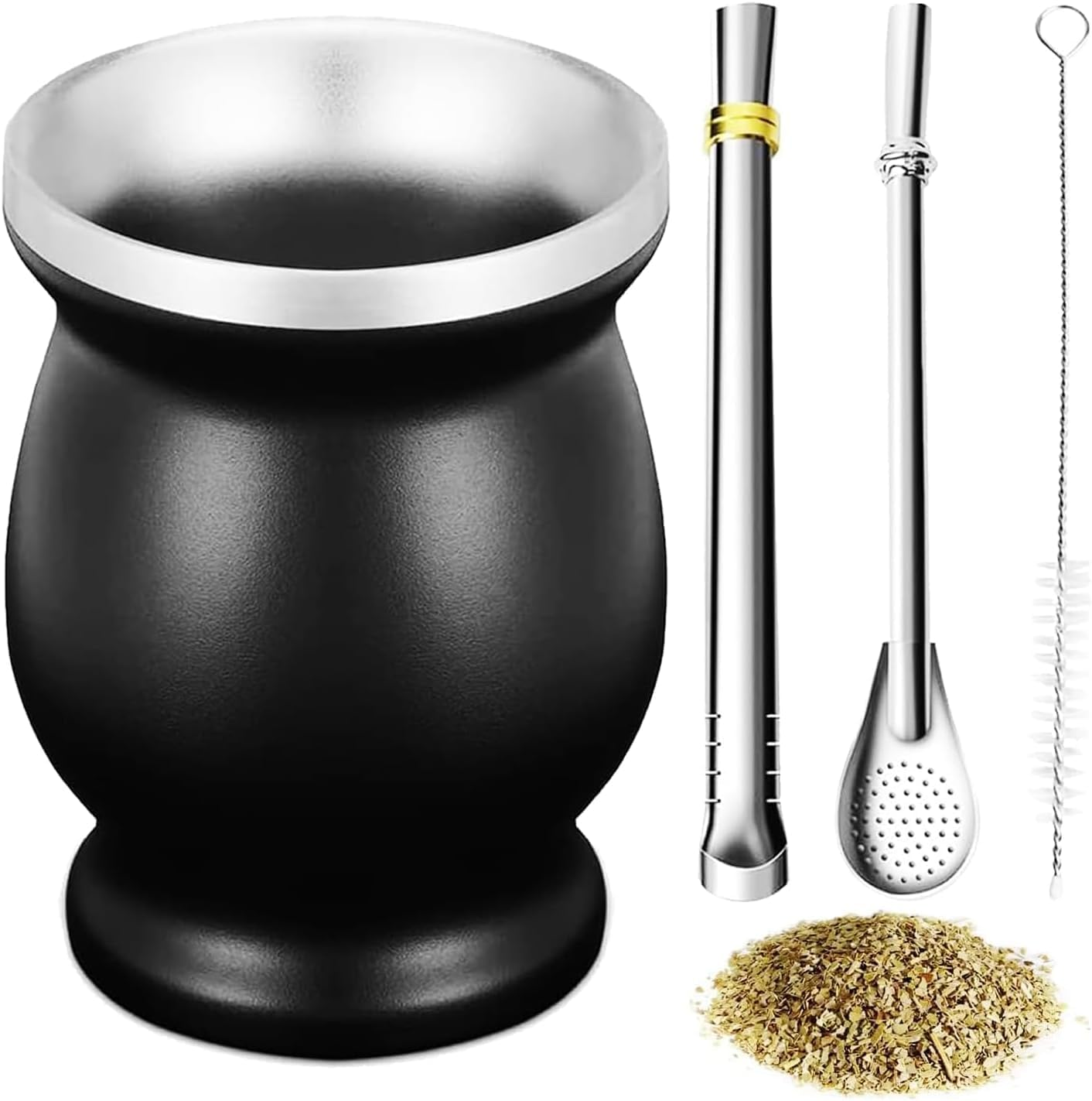 Mate Cup,Yerba Mate Gourd Cup Set, Stainless Steel Double Wall Tea Cup Set Traditional Mate Cup Includes 2 Bombillas Yerba Mate Straws (Black) image number 5