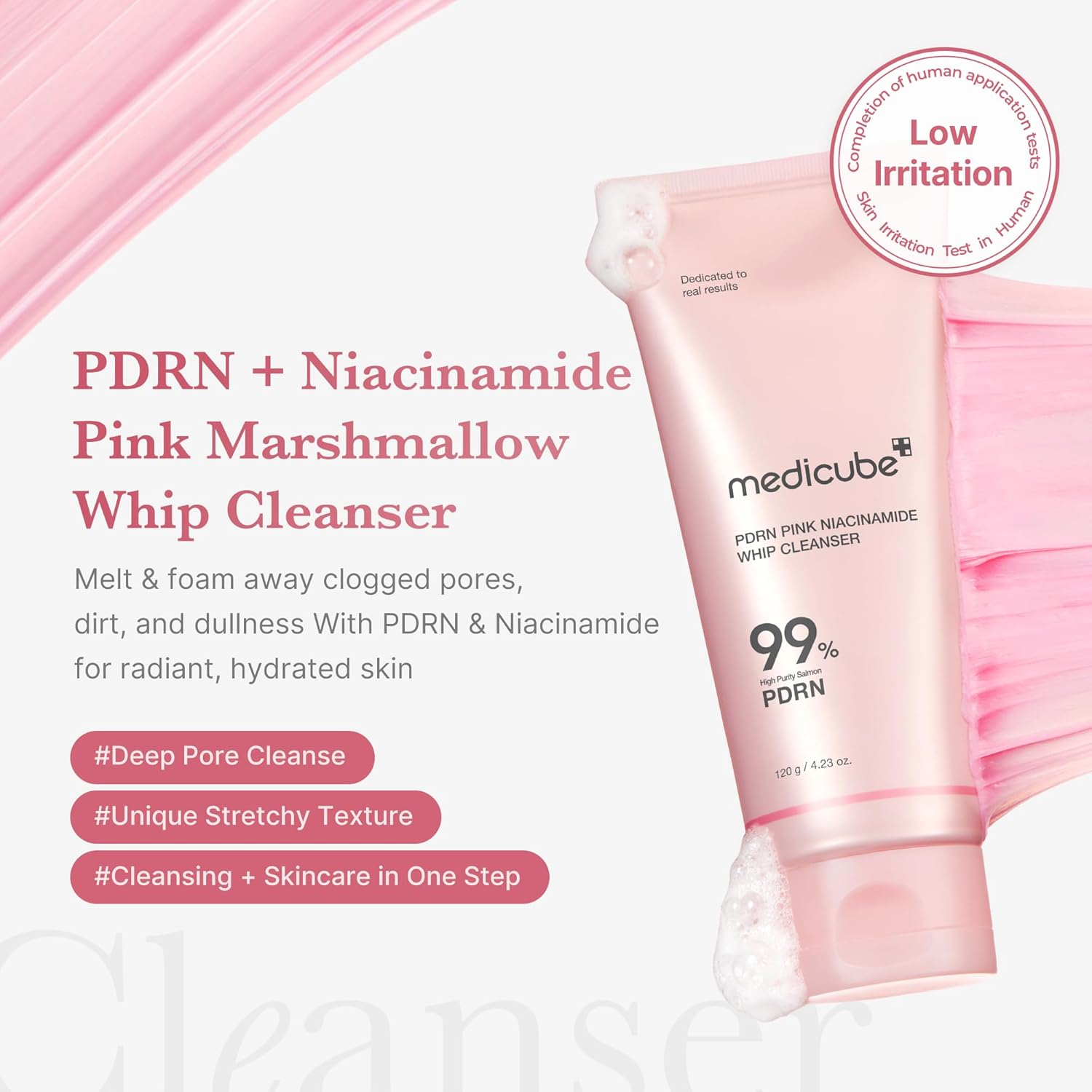 Medicube PDRN Pink Niacinamide Marshmallow Whip Cleanser 120G | Hydrating Face Wash for Pores & Uneven Skin Tone | Gentle Daily Foam Cleanser | Korean Skincare.