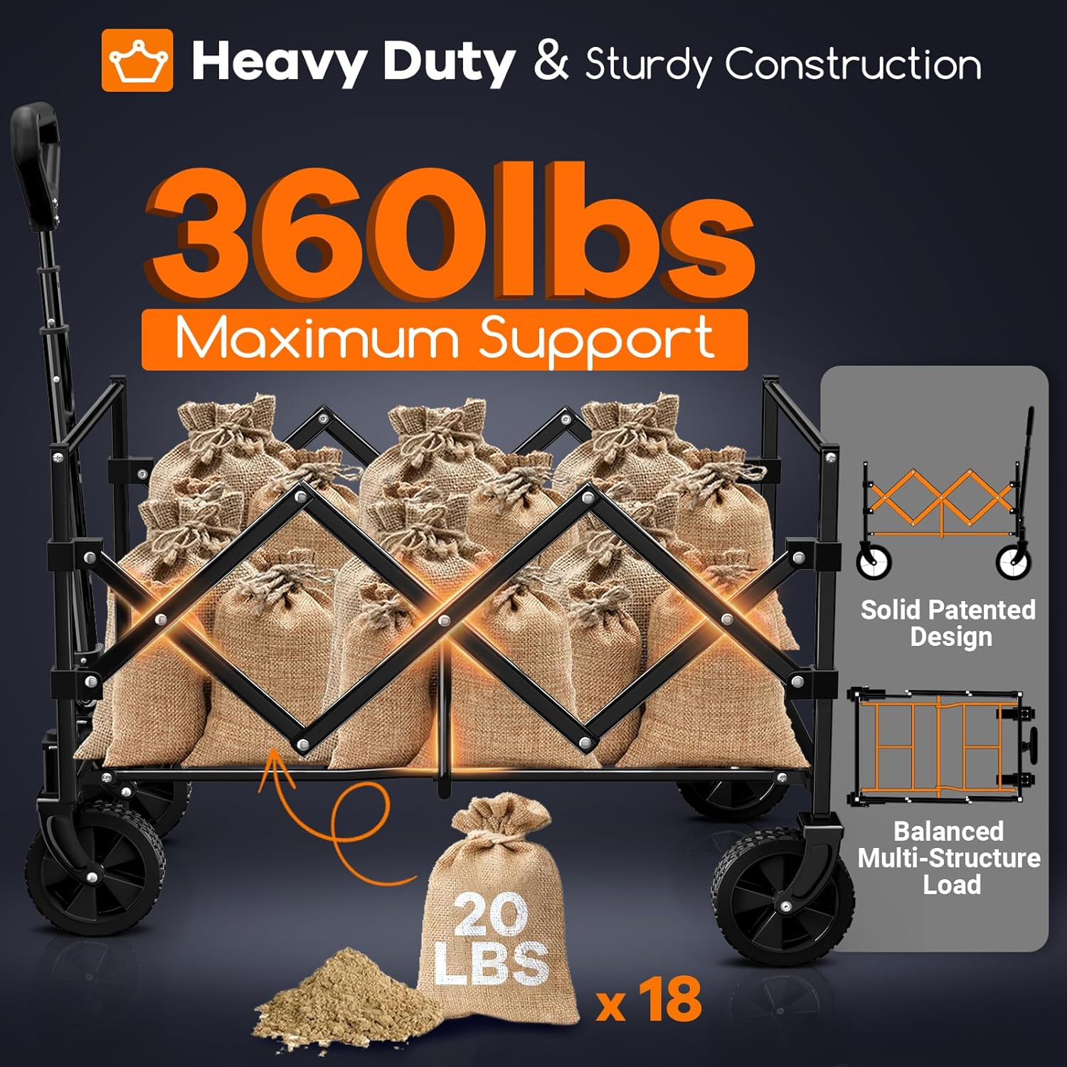 Originsure Collapsible Wagon Cart Foldable - Portable Heavy Duty Folding Beach Wagons with Wheels - Outdoor Utility Carts for Groceries, Shopping, Camping, Sports, Garden with Large Capacity - Black image number 4