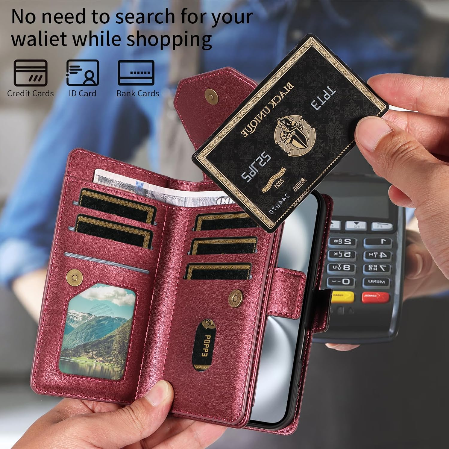 For Iphone 17 Pro Wallet Case with Card Holders Money Slots Wrist Strap,For Iphone 17 Pro Leather Folio Flip Case Kickstand Phone Cover-Wine Red image number 1