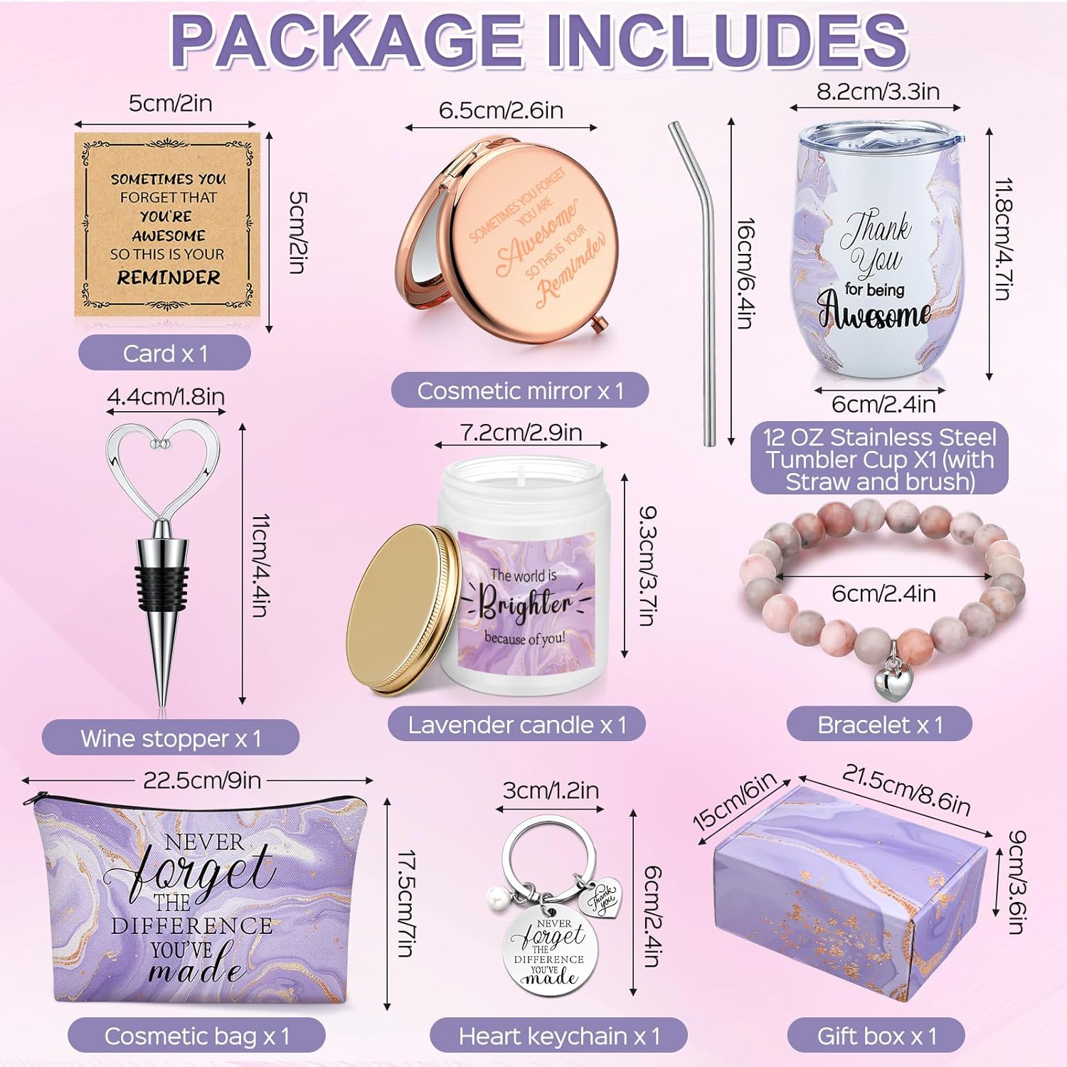 Perthlin 11 Pcs Thank You Gifts Sets for Women 12 Oz Tumbler Cosmetic Bags Candle Bracelet Keychain Card Appreciation Gift for Employee Teachers, Nurses, Coworkers, Boss, Leadership, Friends(Purple) image number 4