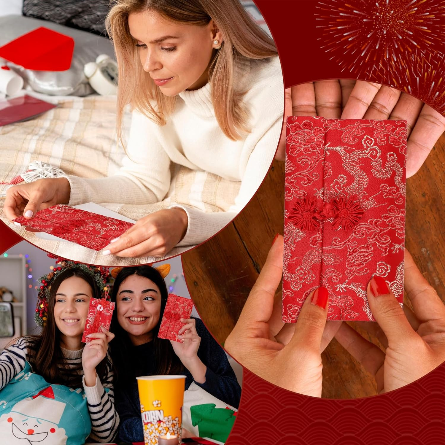 4 Pcs Silk Red Envelopes Chinese Dragon and Phoenix Embroidered Chinese Red Pocket Lucky Pockets Hongbao Invitation Card Cash Envelope for New Year Spring Festival Wedding Birthday Chinese Knot Button image number 1