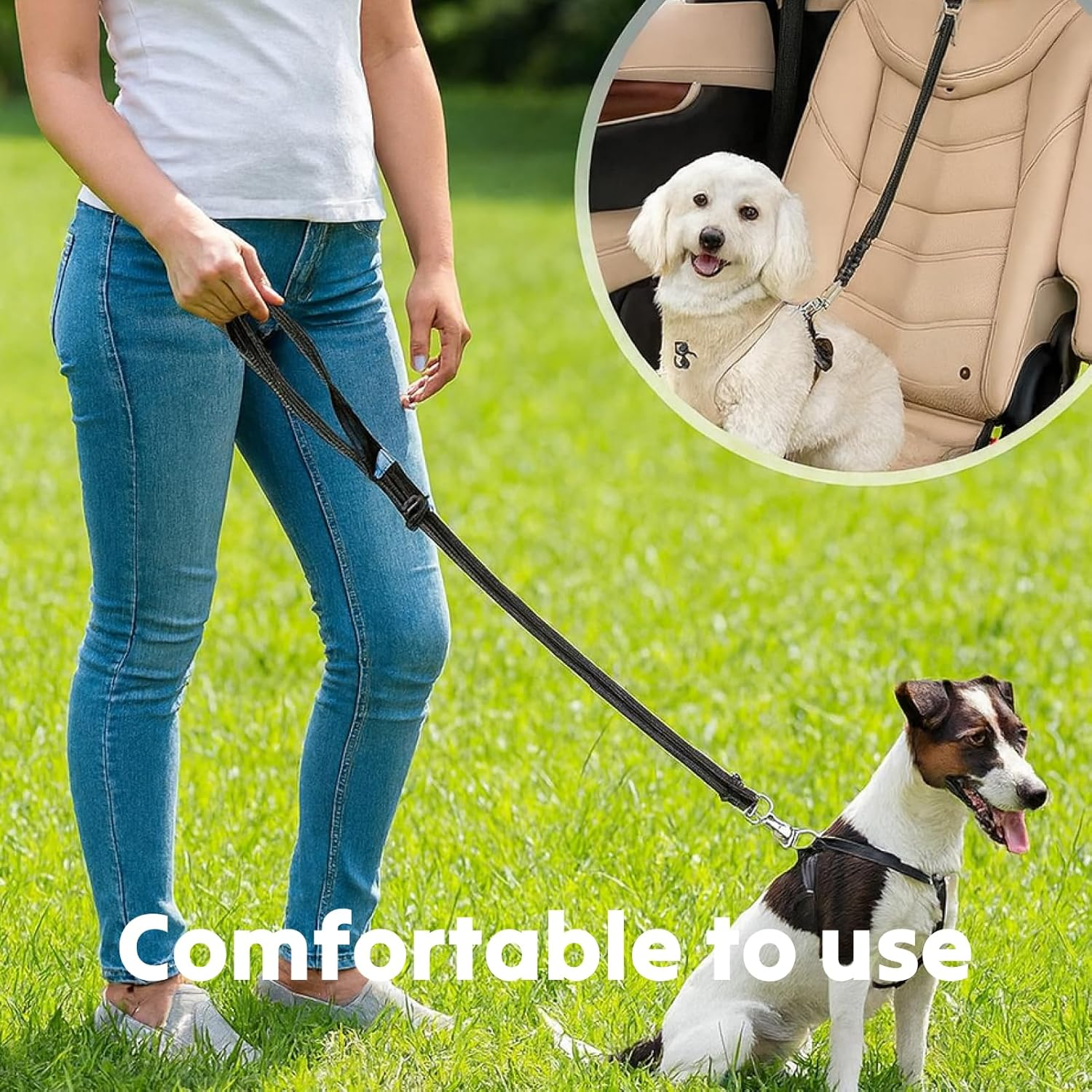 Adjustable 3 Pack Premium Dog Car Seat Belt, Heavy Duty Elastic Bungee Buffer Harness, Ensures Safety and Comfort for Dogs in Vehicles, Durable Nylon Fabric with Zinc Alloy Clips, Black image number 2