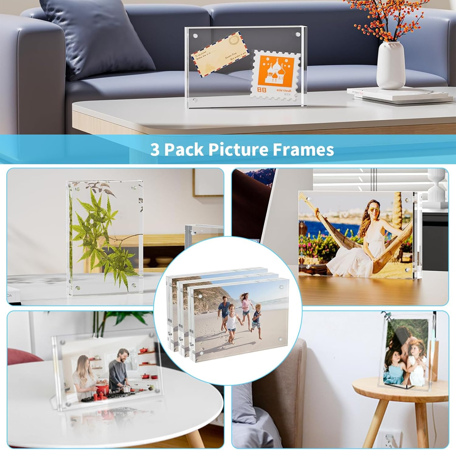 3 Pack Picture Frames, 4X6 Inch Acrylic Frame, Self Standing Block Display Photo Frame, Horizontal Magnet Double Sided Picture Frame, Thick Desktop Frameless Magnetic Photo Frame (10X15Cm, 10+10MM)