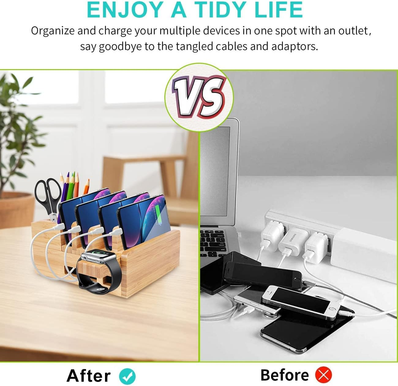 Bamboo 5-Slot Charging Station Docking Holder, USB Charging Station for Multiple Devices, Smartwatches, Tablets, Yellow image number 6