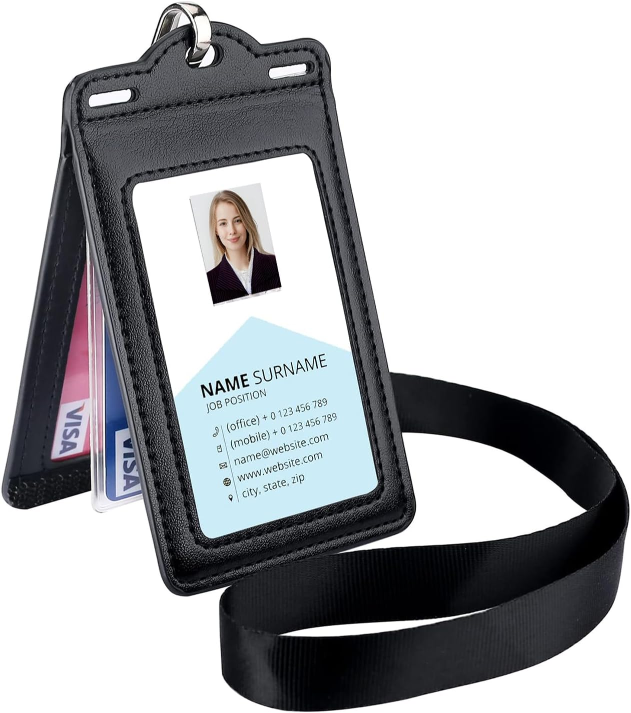 Kvadouly Badge Holder with 2 Lanyards &ndash; Holds 1 to 6 Cards, Trifold Heavy Duty Leather ID Card Holder for Nurses, Teachers, Medical, School, and Law Enforcement image number 2