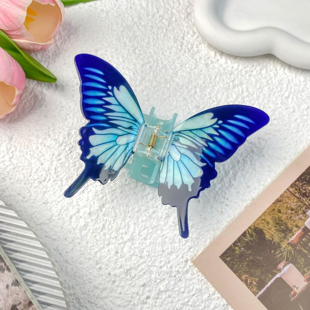 Butterfly Hair Clip, Hair Clips, French Hair Claw Clips, Medium Size, Butterfly Claw Clip, Non-Slip Hair Clips, Acrylic Hair Clip for Thick, Thin Hair, Women and Women, Blue, 9 X 8.5 Cm image number 6
