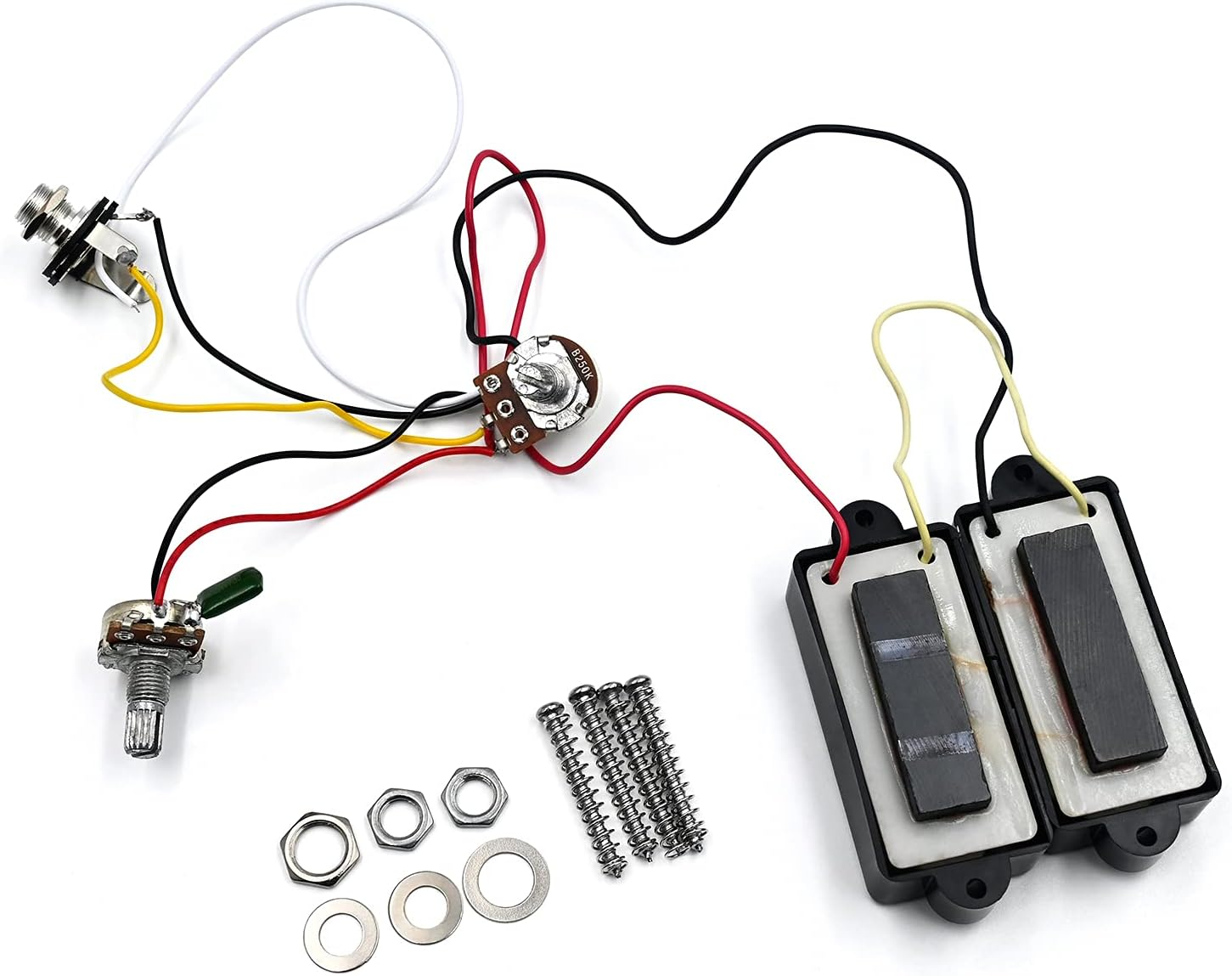 P Bass Humbucker Pickups Prewired Harness Set with 1T1V 1Jack, Variable Gauss Ceramic Traditional Precision 4 String Bass Pickups Set Compatible for PB Style Electric Bass, Black image number 5