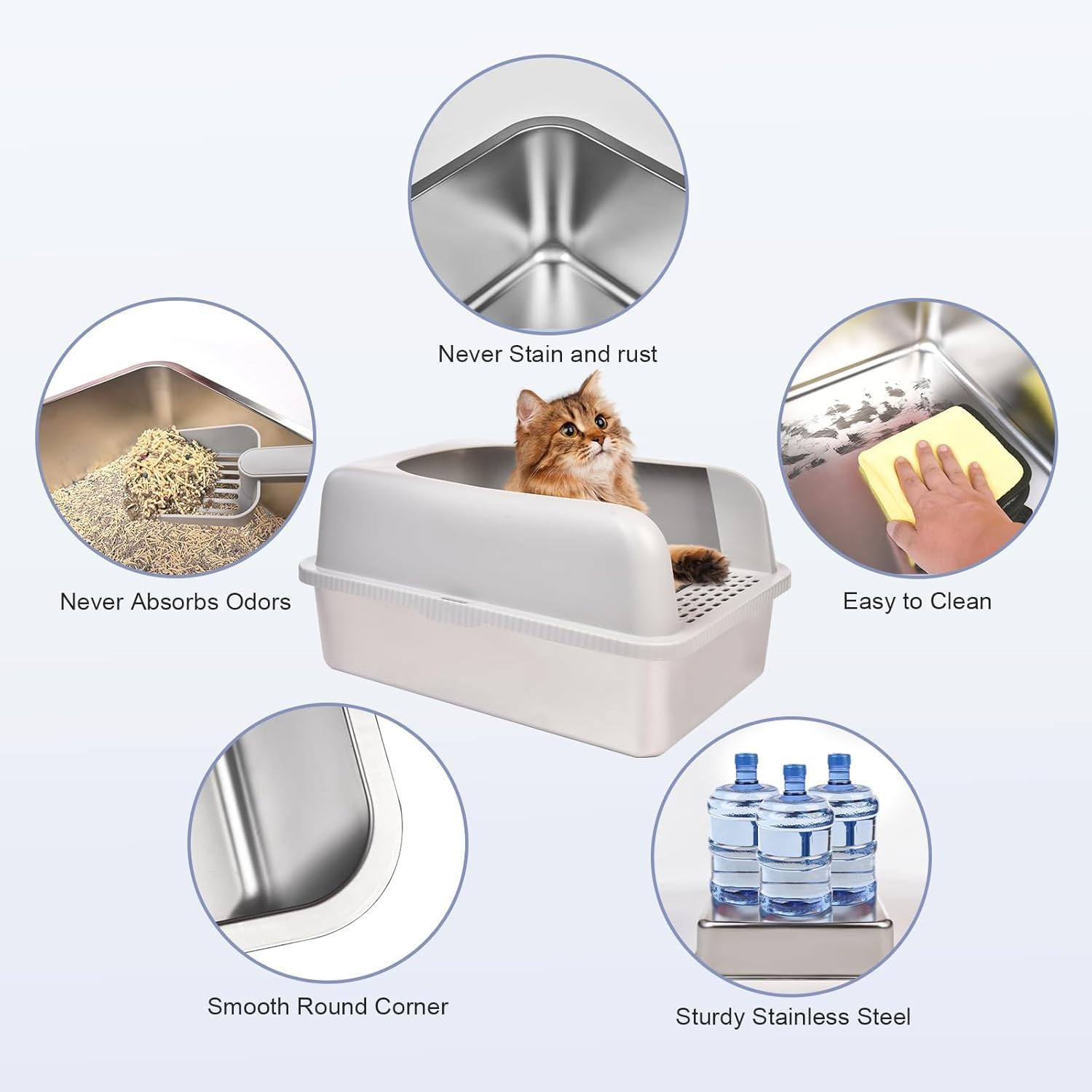 Stainless Steel Cat Litter Box with Lid, 51Cm L X 36Cm W X 30Cm H, Extra Large Litter Box for Big Cats with High Sided, Anti-Urine Leakage, Easy Cleaning, Include Cat Mat and Scoop(Light Grey) image number 6