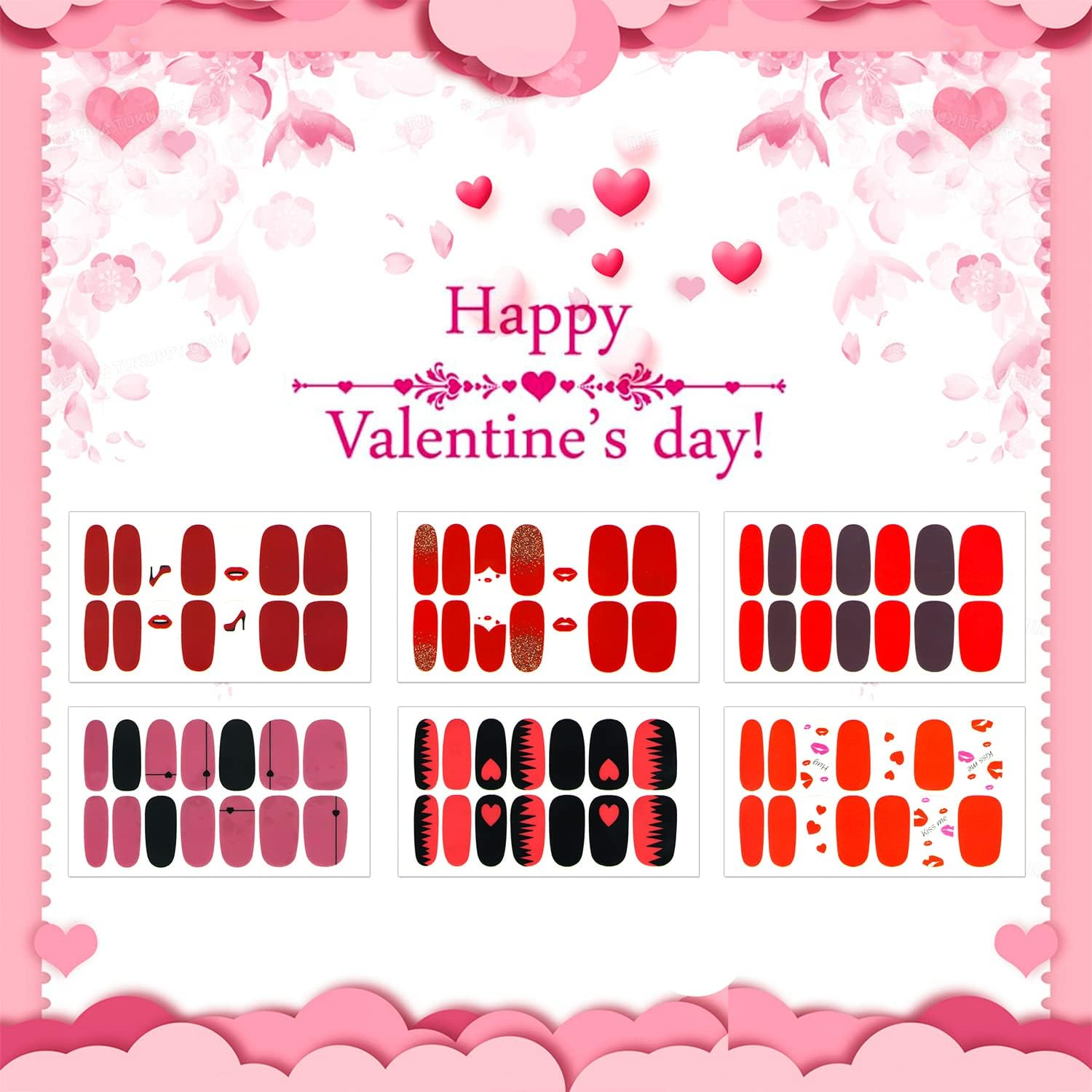 JERCLITY 12 Sheets Red Series Valentine'S Love Heart Nail Stickers Full Nail Wraps Real Nail Polish Strips for Women Nails Art with Nail File Nail Strips Gel Stickers for Nails image number 1