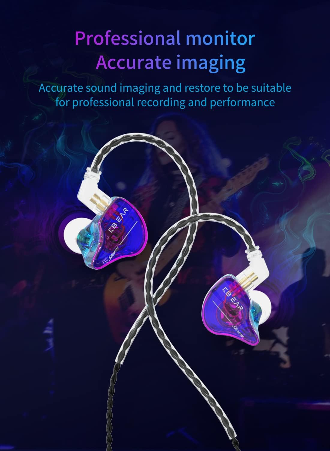 Yinyoo KBEAR Storm Wired Headphones, 10Mm Dynamic Driver in Ear Monitors, Hifi IEM Earphones for Singers Drummers Musicians, Bass, with OFC IEM Cable (Purple Blue, No Mic) image number 2