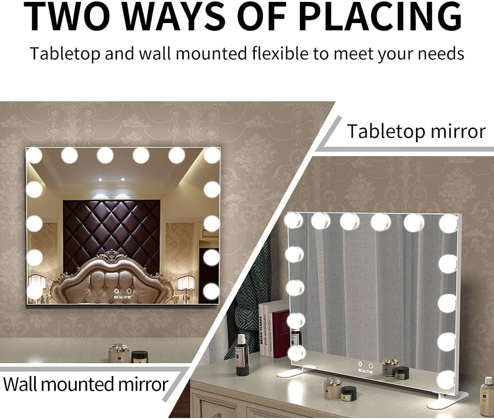 Vanity Mirror with Lights, White Hollywood Lighted Makeup Mirror with 14 Dimmable LED Bulbs for Dressing Room & Bedroom, Tabletop or Wall-Mounted, 60X50.7Cm image number 6