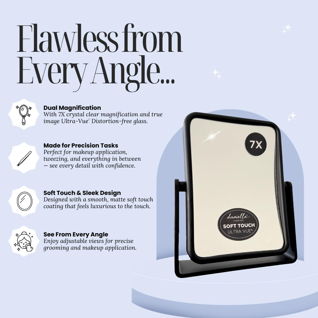 Danielle Magnifying Vanity Makeup Mirror Rectangular Soft Touch Finish with 7X Magnification and 360 Swivel, Black image number 1