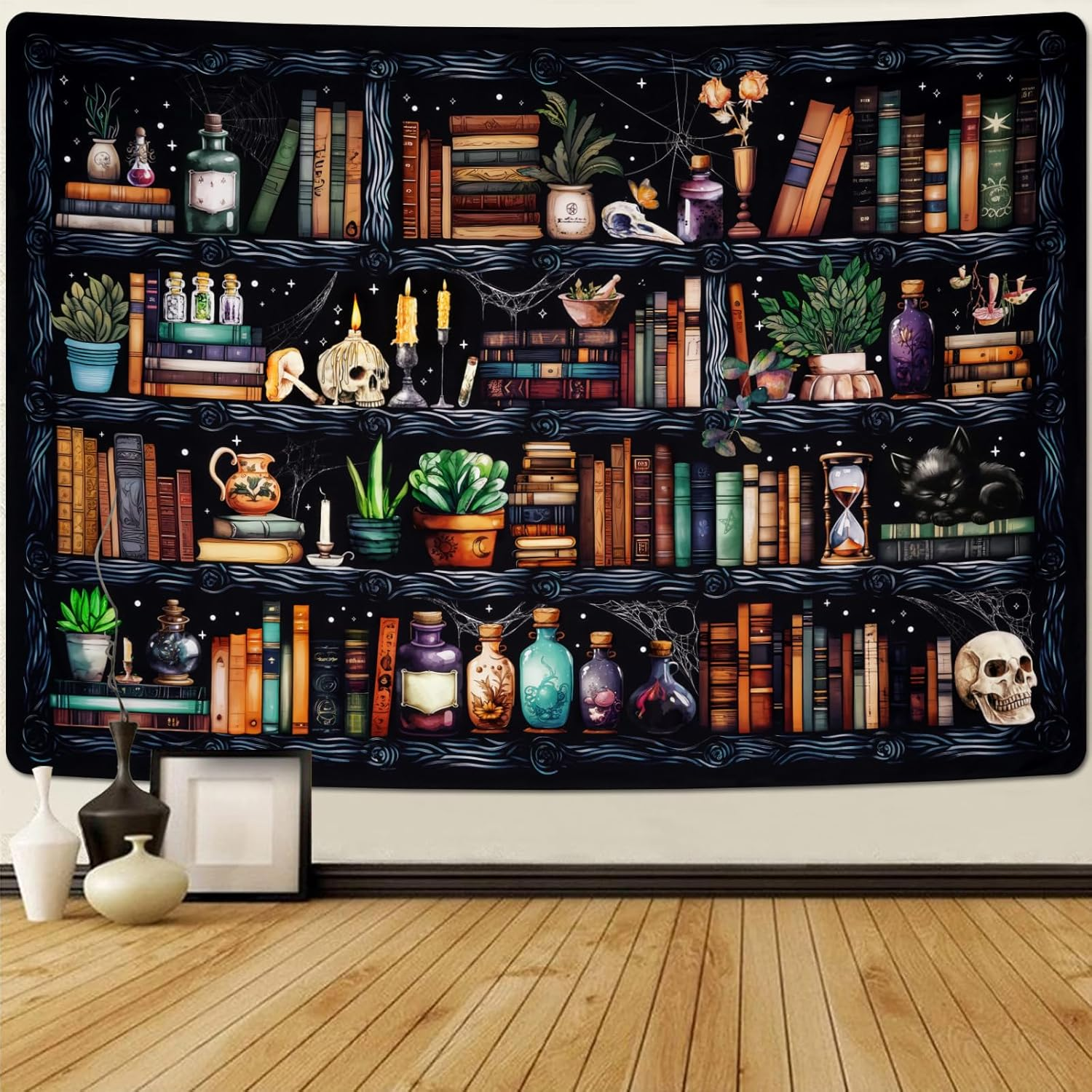 Uspring Magical Book Tapestry Goth Skull Vintage Botanical Black Cat Wall Tapestry Hanging for Bedroom Home Decor (59.1 X 59.1 Inches) image number 4