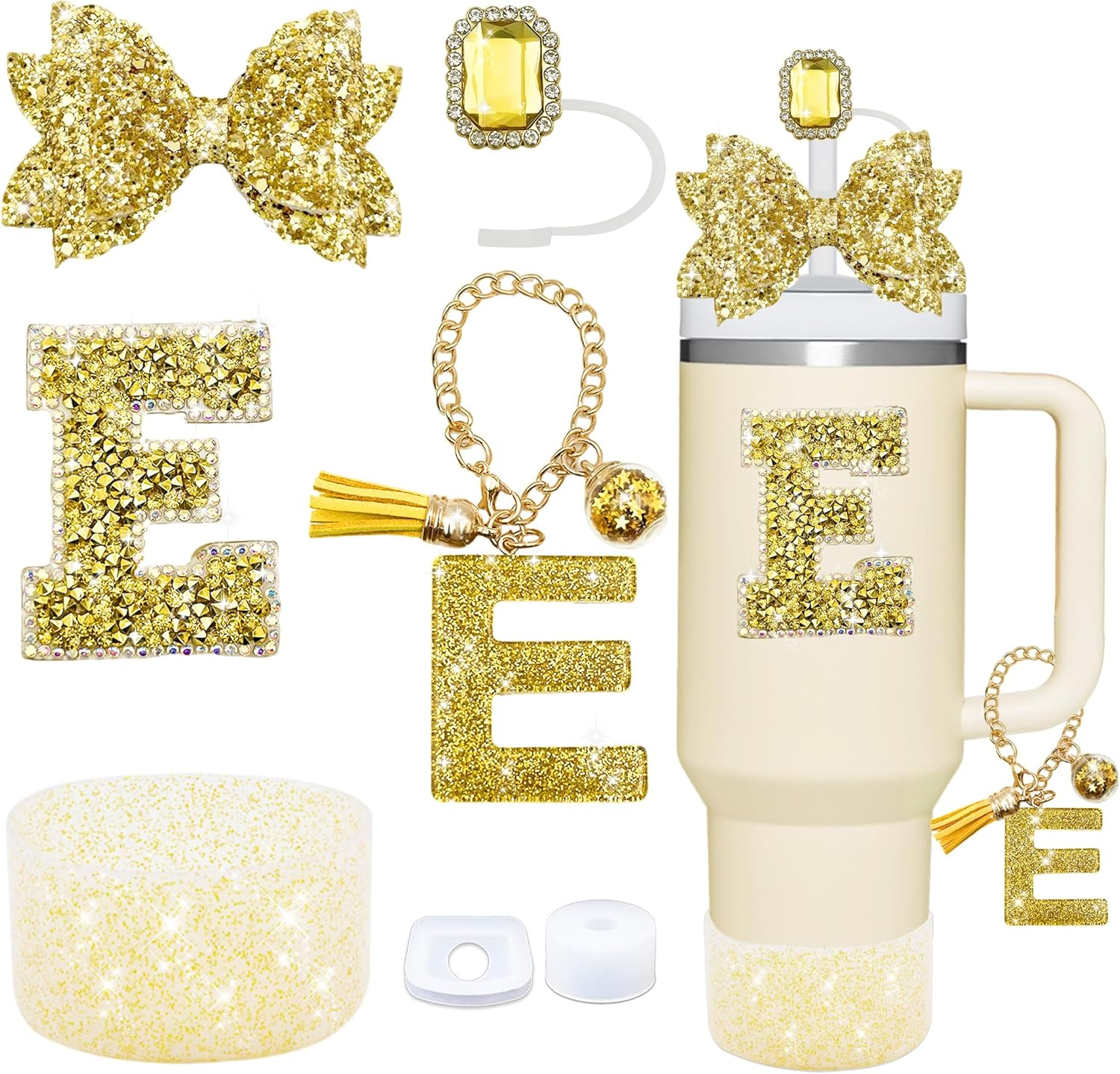 7PCS Bling Stanley Cup Accessories for 30Oz & 40Oz Tumbler with Handle,Including Initials Charms,Straw Bow Decorate,Straw Topper Cover,Boot,Spill Proof Stoppers,Initials Sticker (Gold E) - Gold C image number 4