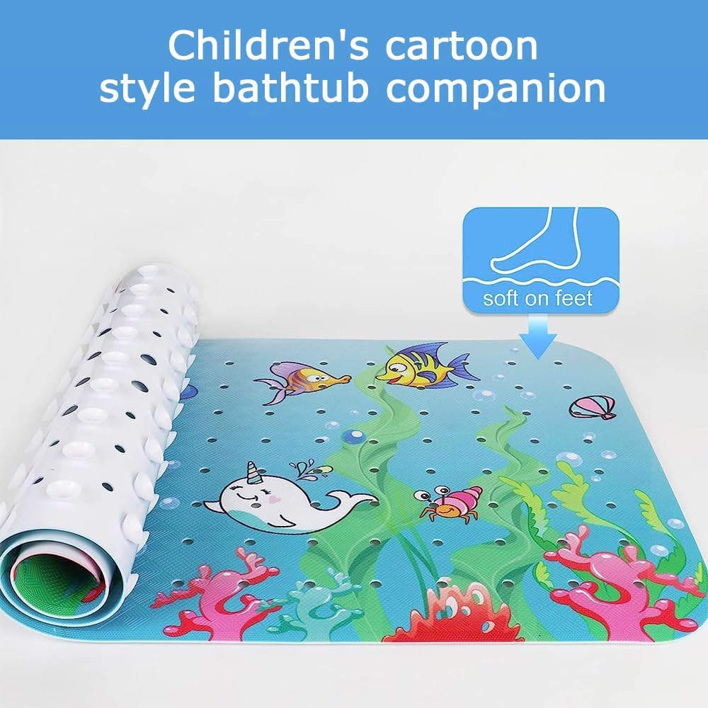 Bath Mat, Cartoon Non-Slip Bathtub Mat with Suction Cup Drain Holes, Bath Shower Mat Massage Mat Floor Tub Mats Machine Washable for Bathroom 100X40Cm(Blue Whale) image number 4